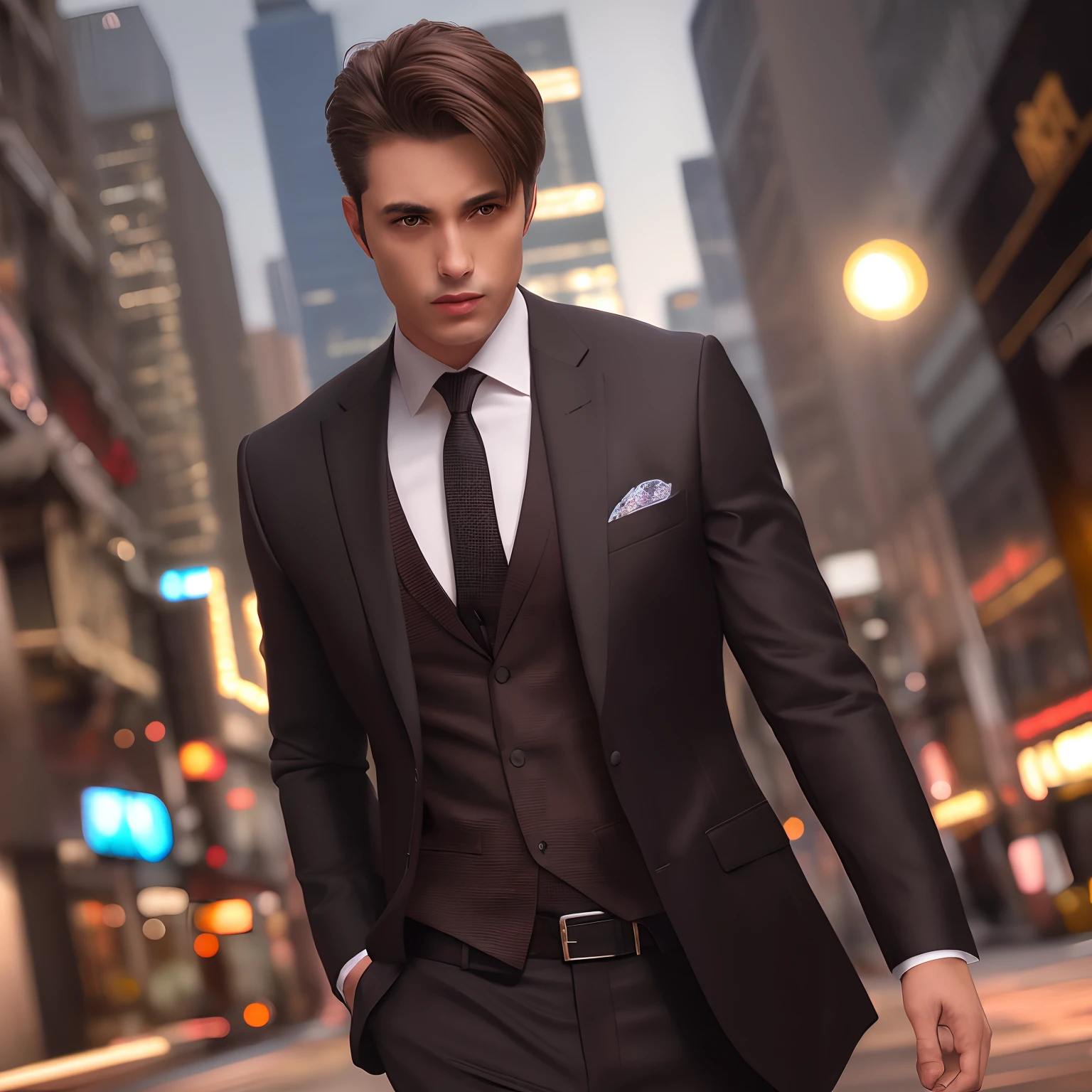 Man, black suit, light brown hair, brown eyes, dramatic lighting, intricate details, redshift rendering, highly detailed, hyper realistic, hyper realistic, handsome and attractive, background city, 8k