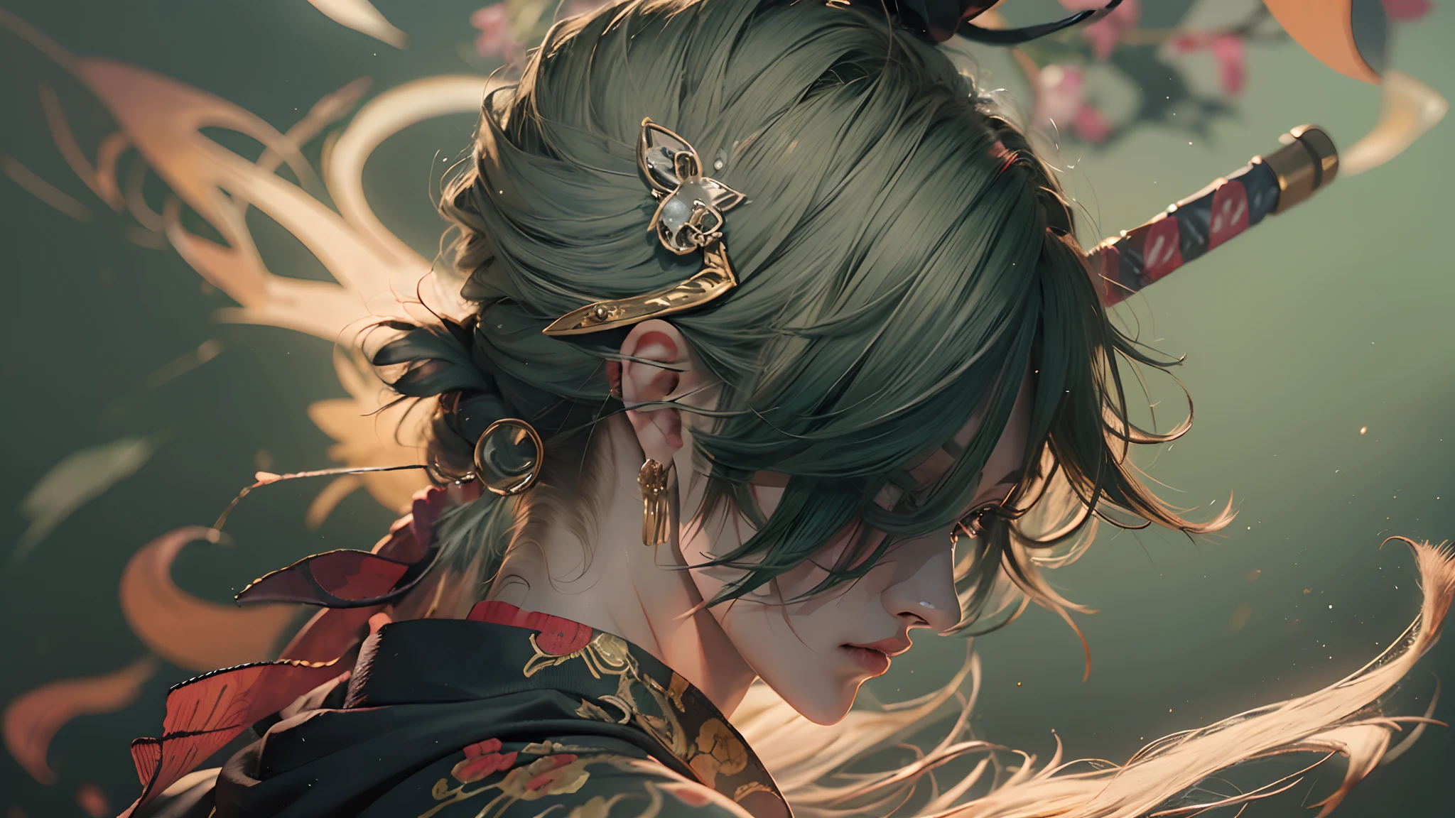 Hombre rudo Personaje de anime con cabello verde con cicatriz en el ojo izquierdo sosteniendo 3 espadas 1 con la boca,kimono,japones,espadas legendarias japonesas,3 pendientes de oro, Roronoa Zoro, de una sola pieza, Ilustraciones HD, Chico guapo en el arte de Demon Slayer, Badass Anime 8K, Arte de Kentaro Miura, Okab Rintarou, Pixiv, advanced digital anime art ”, Fanart de alta calidad, Fan Art, por Shitao, Kakyoin