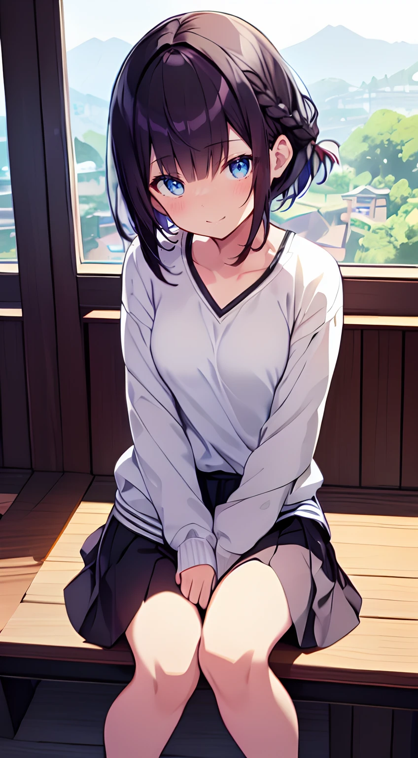 masutepiece, Best Quality,Illustration, Wallpaper, Ultra Detail, 1girl in,Solo,Beautiful detailed eyes,Very thick contour lines、Medium Short-Cut Hair、Short, Braided hair、(student clothes)、Dark hair color、a serene smile、Kamimei、Overlooking angle:1.2、small head、ample breasts
