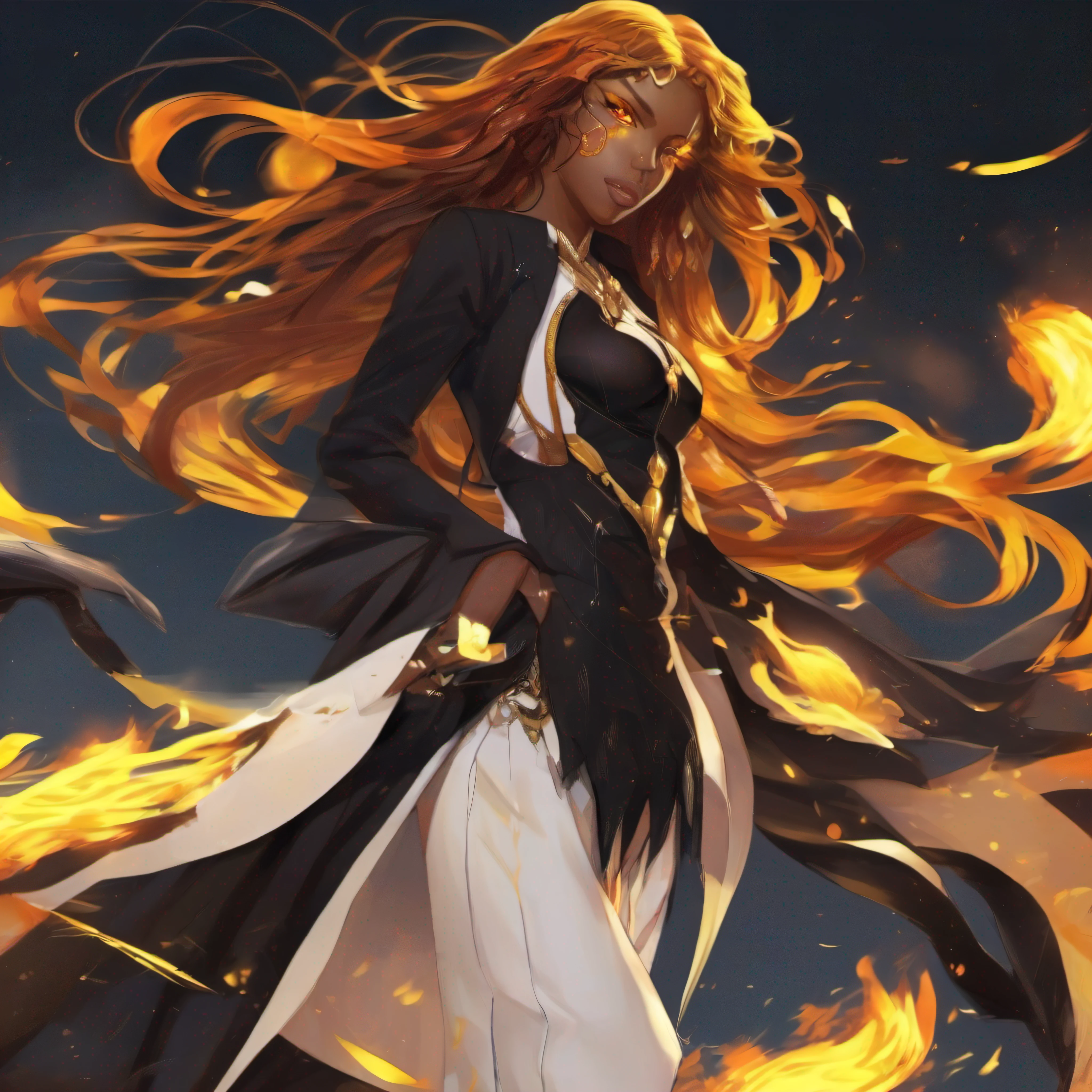 best quality, black skinned woman, long flaming hair, yellow eyes, black dress