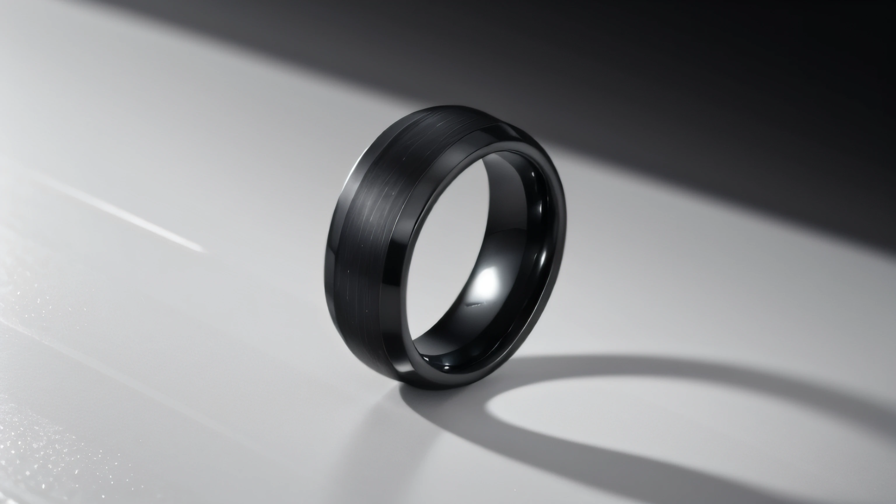 A close up of a black tungsten carbide ring, brushed tungsten texture, by Emma Andijewska, bvlgari jewelry, a hyper realistic, inspired by Aleksandr Gerasimov, scarab, bulgari style, inspired by Roberto Parada, by Eva Gonzalès, black ceramic ring with polished edges, hi - res, hi-res, f / 2 0, detailed close up shot, armillary rings jewelry, 40 mm, 4 0 mm, flex, official product image, f / 2 0, graphic, octane rendering, masterpiece, RAW photo