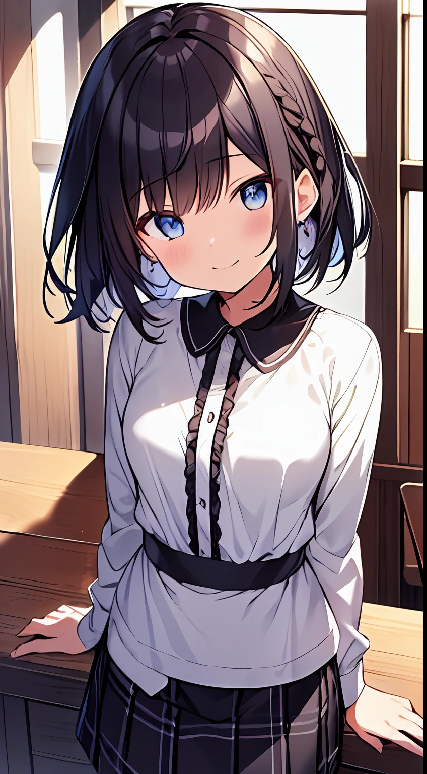 masutepiece, Best Quality,Illustration, Wallpaper, Ultra Detail, 1girl in,Solo,Beautiful detailed eyes,Very thick contour lines、Medium Short-Cut Hair、Short, Braided hair、(student clothes)、Dark hair color、a serene smile、Kamimei、Overlooking angle:1.2、small head、ample breasts