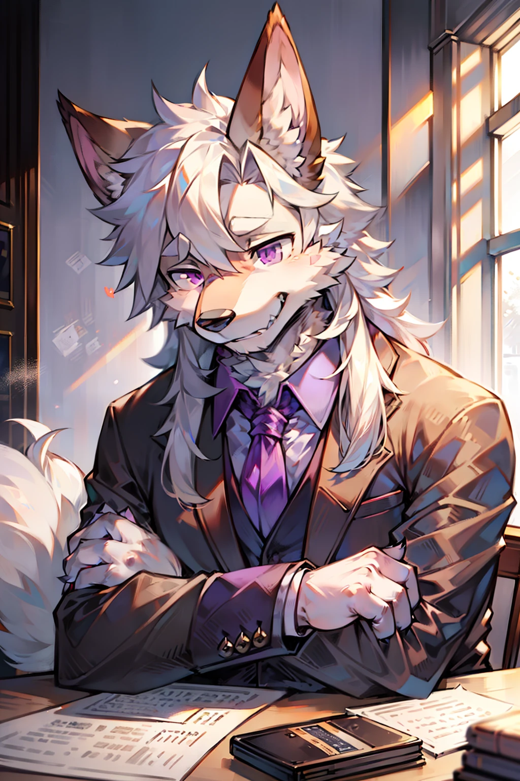 solo person,shaggy male,hairy bodies,shoun,coyote,canid,grey fur,Long white hair,The ends of the hair are purple,Purple eye,Bind your hands,Bullied,adolable,Handsome,large tail,full bodyesbian,Business suit,in company,Pushed down on the chair