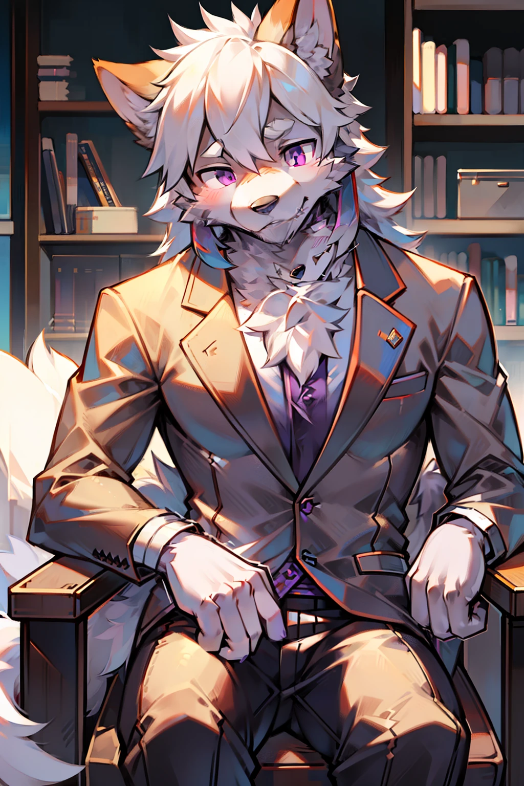 solo person,shaggy male,hairy bodies,shoun,coyote,canid,grey fur,Long white hair,The ends of the hair are purple,Purple eye,Bind your hands,Bullied,adolable,Handsome,large tail,full bodyesbian,Business suit,in company,Pushed down on a chair by subordinates