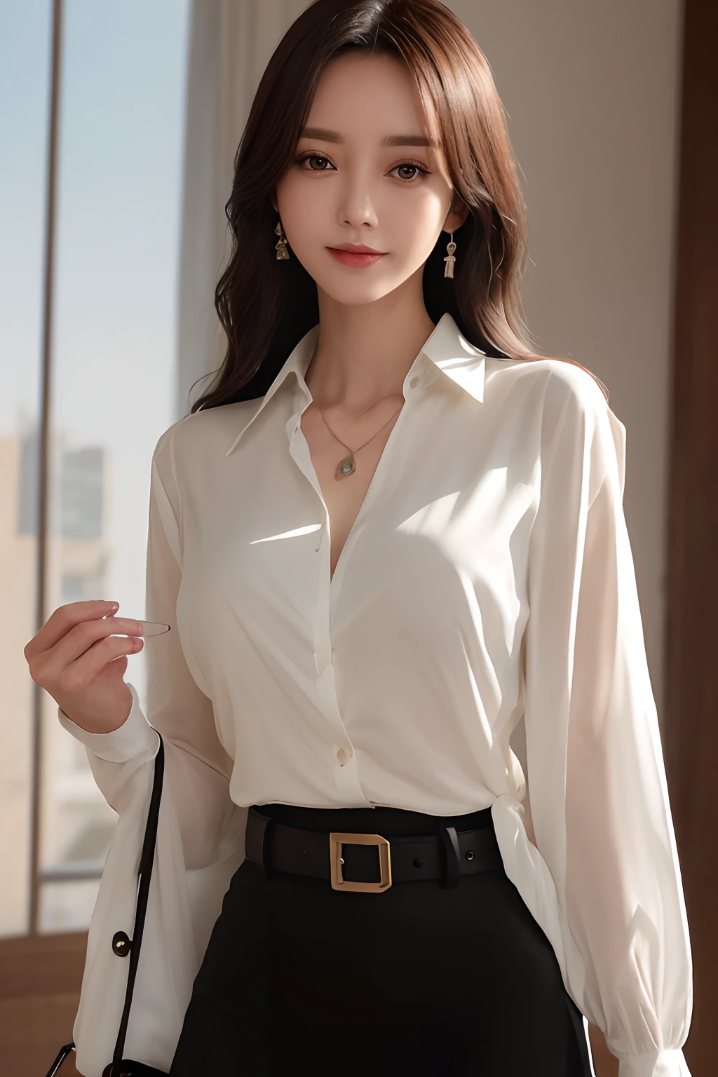(top-quality、hight resolution、​masterpiece:1.3)、Tall and cute woman、Slender abs、Dark brown hair styled in loose waves、mideum breasts、Wearing a pendant、White see-through shirt、a belt、a black skirt、(Modern architecture in background)、Details exquisitely rendered in the face and skin texture、A detailed eye、二重まぶた、a smile、