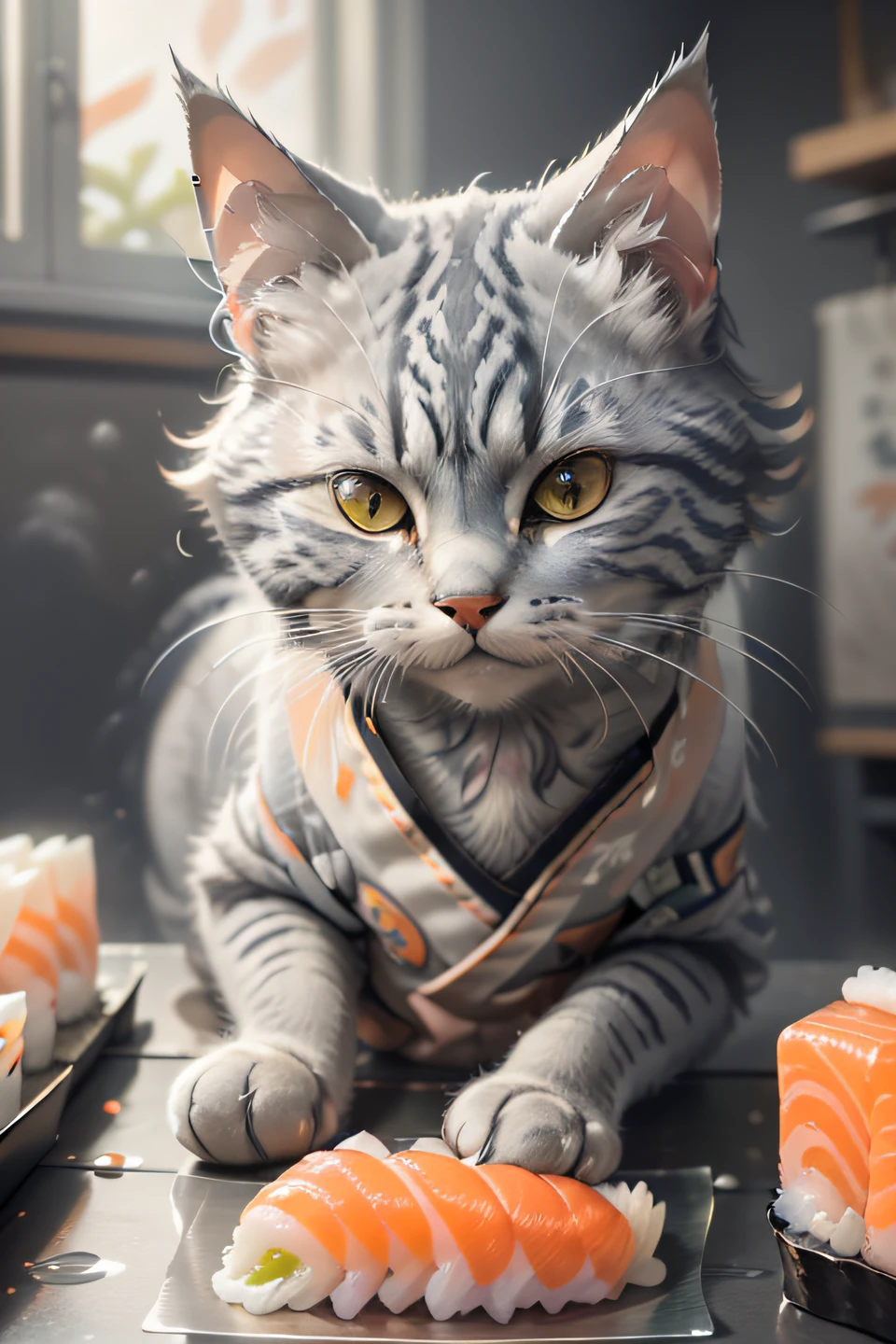 close-up photography of (grey tabby cat is preparing sushi on the table:1.2), (c4ttitude:1.3), in glasstech kitchen, hyper realistic, intricate detail, (foggy:1.1), pov from below