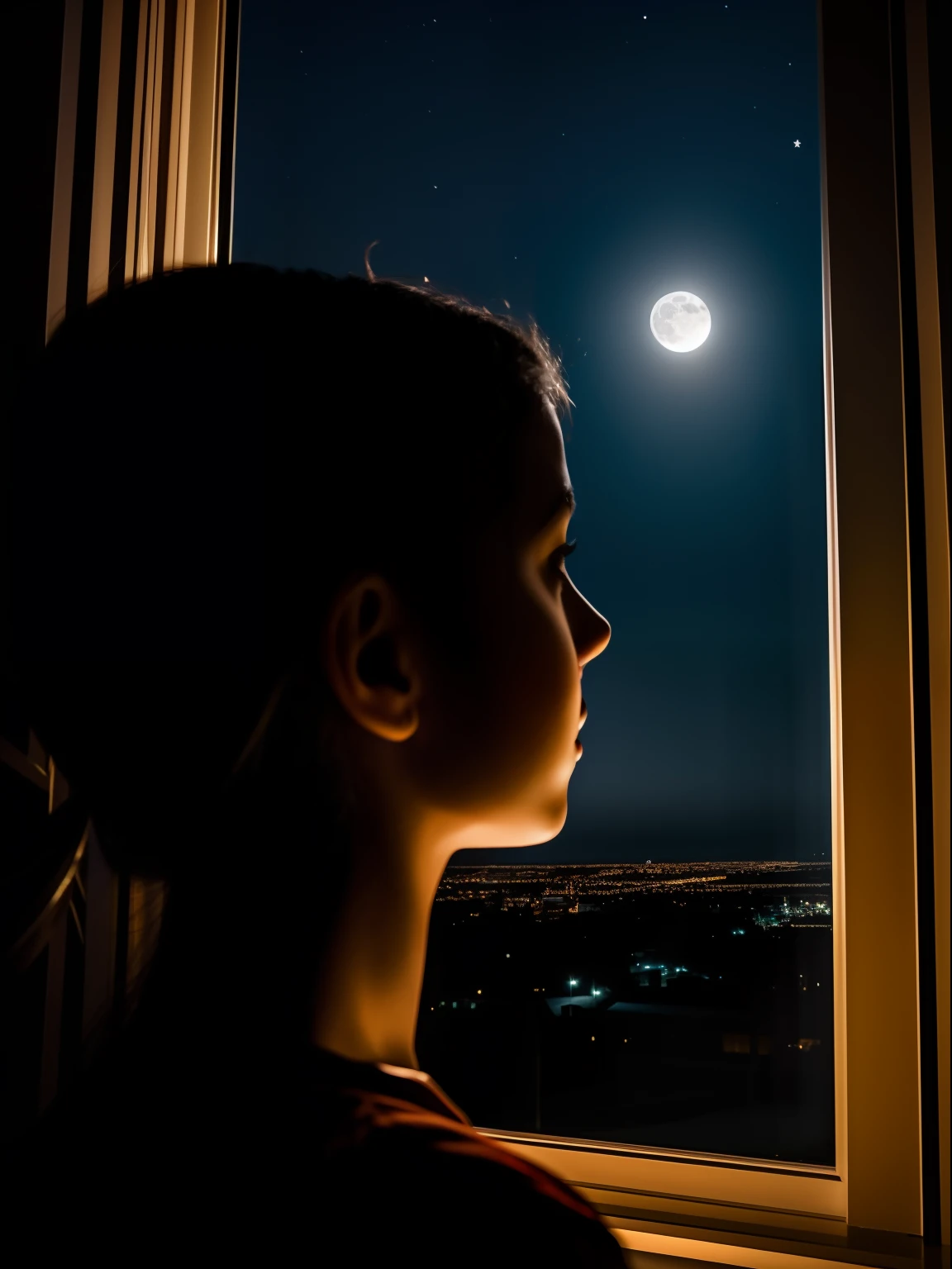 Using vivid imagery, create a captivating scene of a girl gazing through the darkness of her bedroom's large window at night. Illuminate the room with a faint glow from the moon or distant city lights, allowing subtle details to emerge from the shadows. Explore the emotions that may be running through the girl's mind as she observes the world outside, peering into the mysterious night. Consider incorporating elements of curiosity, solitude, or contemplation to capture the essence of this reflective moment