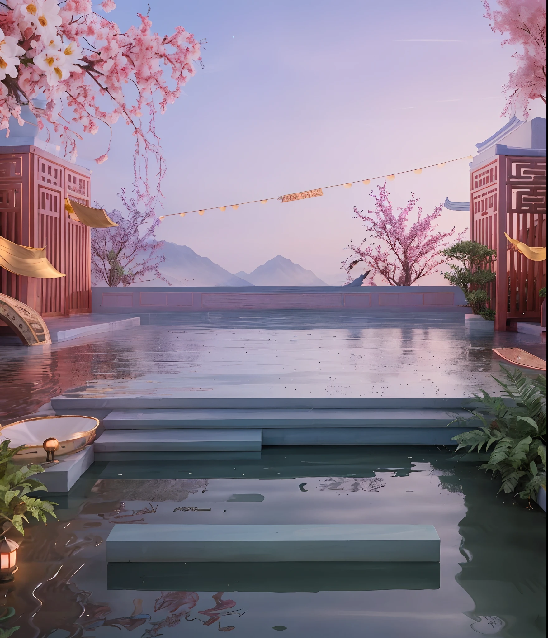 Best quality at best，highly  detailed，tmasterpiece，ultra - detailed，extremely detailed CG unity 8k wal，16k，24k，Chinese outdoor scene，buliding， east asian architecture， scenecy， Lanterns， pagoda， exteriors， Skysky， paper lanterns， ​​clouds， The bird， build， The tree， standing on your feet， mont， bru， daysies， tmasterpiece， Best quality at best，game scenes，Ancient Chinese palaces are located above the clouds，surrounded by cloud，Homem-Imponente，glazed tiles，The Big Buddha sits in the sky， ，tmasterpiece，high qulity，Pretty big breasts，high detal，Describe scenes from the Tang Dynasty，Far perspective，There is a small river on the axis of the painting，Small boats come and go in the small river，（An arched bridge spans both sides of the river，arch bridges），Taiwan strait，Ink painting style，Quaint Chinese architecture，ultra-detailliert，Epic communication，Huge painting，HighestQuali，Supersaturation，32 --v 6