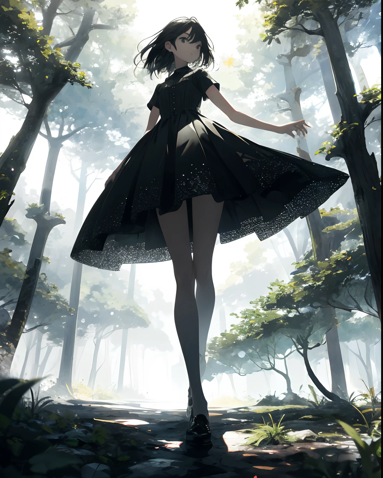 1 Girl with short black hair, pale gray skin in an orange dress in the woods struggling to walk. The camera is behind her Dutch tilt angle, camera is tilted, we see her back. Big scary bended trees gothic trees bended branches warped twisted scenery, painted, oil painting style, gothic art, scary art, horror, sad, depressing, ugly scenery