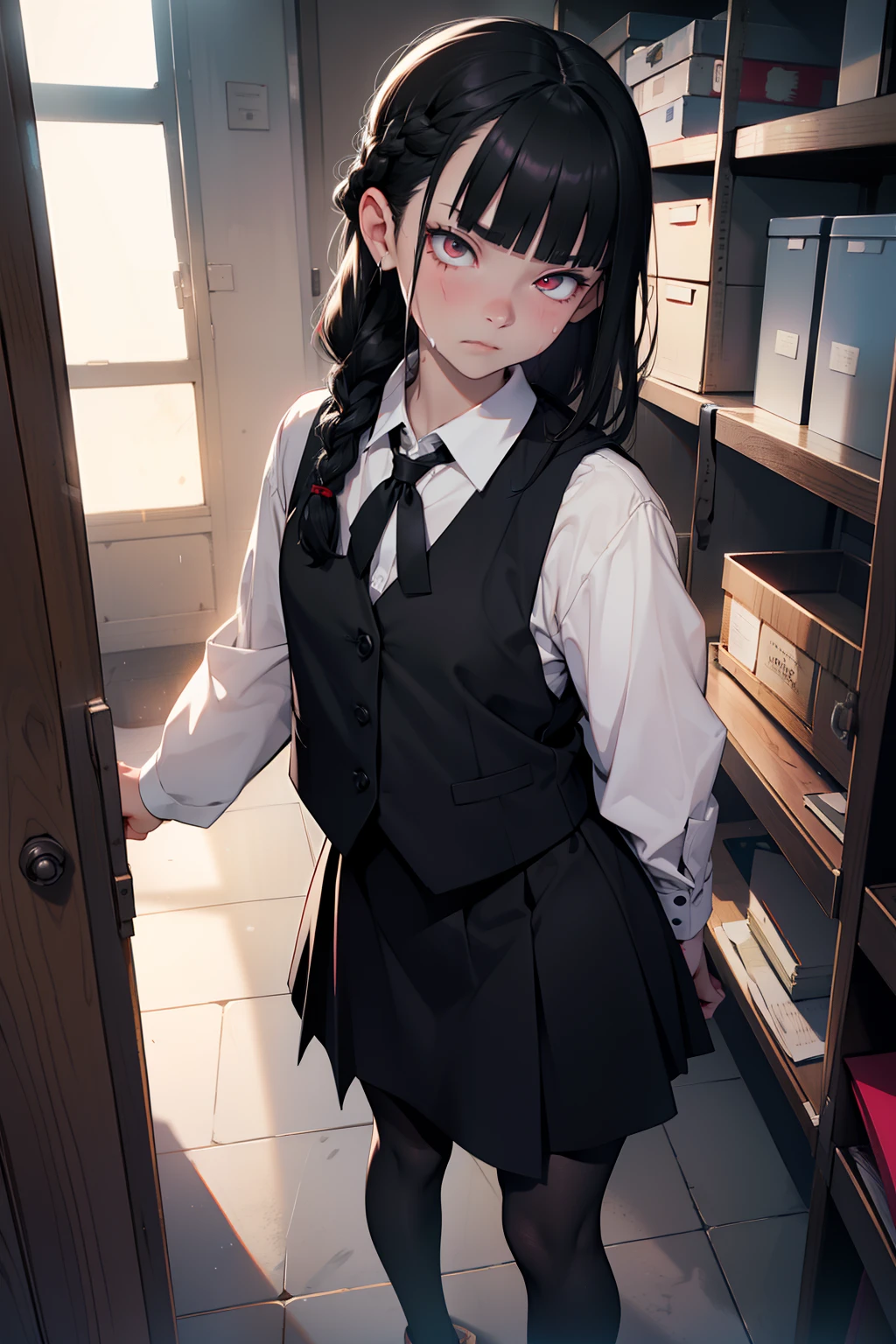 (professhional lighting), ((Beautiful eyes)),wide shot layout,wednesday addams BREAK ars old,black hair,blunt bangs,pale skin,red eyes,jitome,hollow eyes, half-closed eyes,detailed eyes,beautiful eyes,hair ornaments at hexagram,1girl,solo,braid,ashamed,troubled expression,best quality,ultra-detailed,(masterpiece),sweat,wear Black tie,wear white shirt,wear black vest,looking away,fullbody,((selfie)),in office,burial site