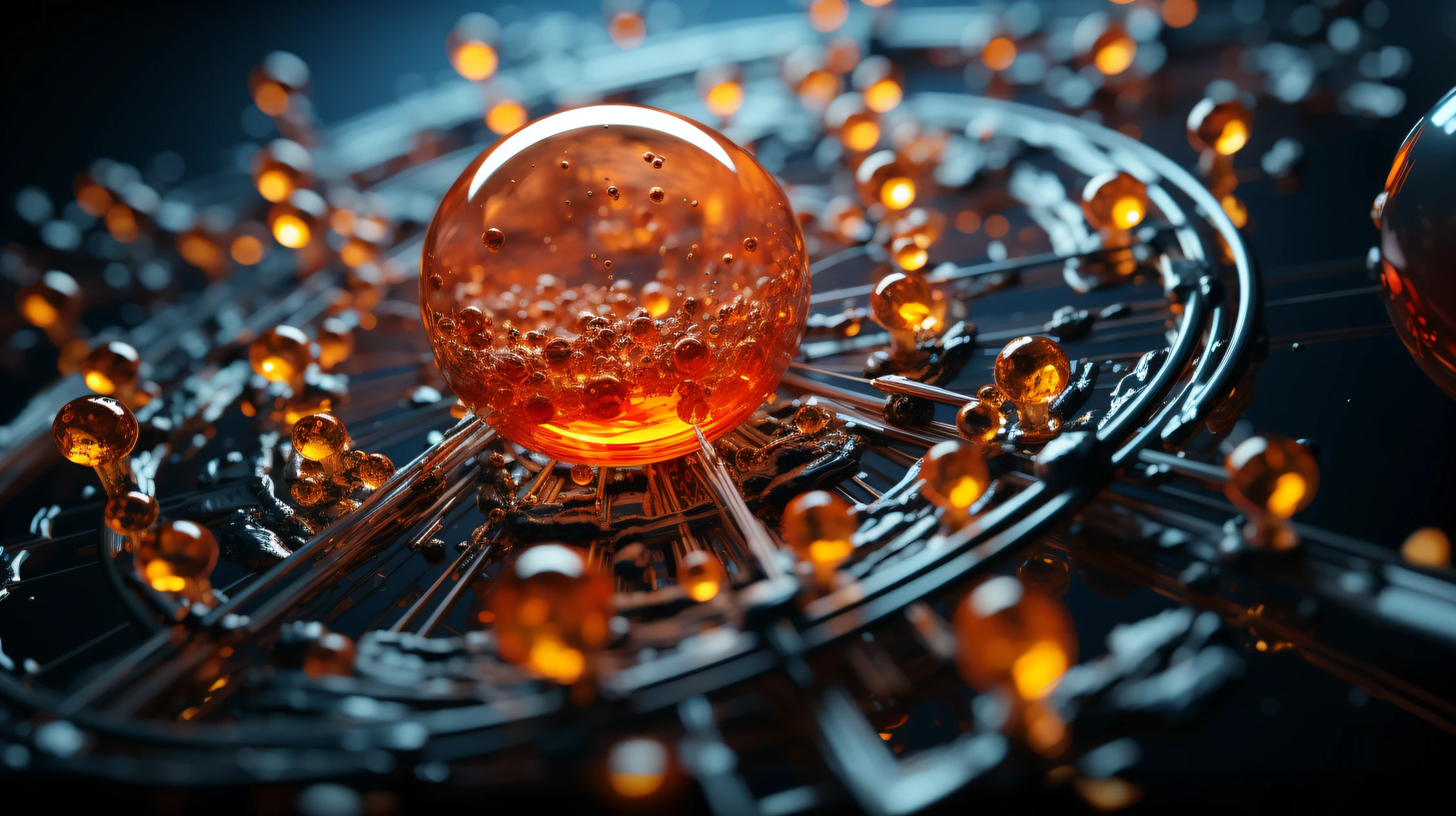 A close-up of a sphere with many small balls of liquid, A large sphere of red energy, Esferas de vidrio en un cubo rojo, energy spheres, Ilustraciones intrincadas. Renderizado de octanaje, Renderizado en Cinema4D, Renderizado en Cinema 4D, Efecto de lente Cyberpunk Pincushion, por Aleksander Gierymski, Vray Caustics, esfera de vidrio, Quantum particles