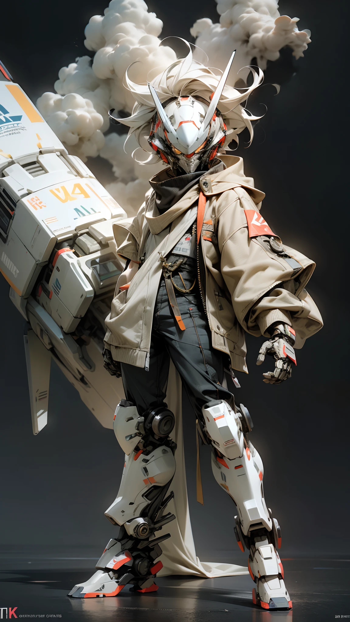 a super cool and trendy mecha boy,play with cloud,hair melts into the clouds,robotic arms,wearing frosted miky white jackets,miky white skrits,looking at viewer,bored pose,full body,black background,fine luster,clay materials,cyberpunk,in the style of zbrush,mockup blind box,edge light,front view,octane render,cinema4d,hyper quality,Ultra HD,8k --auto --s2