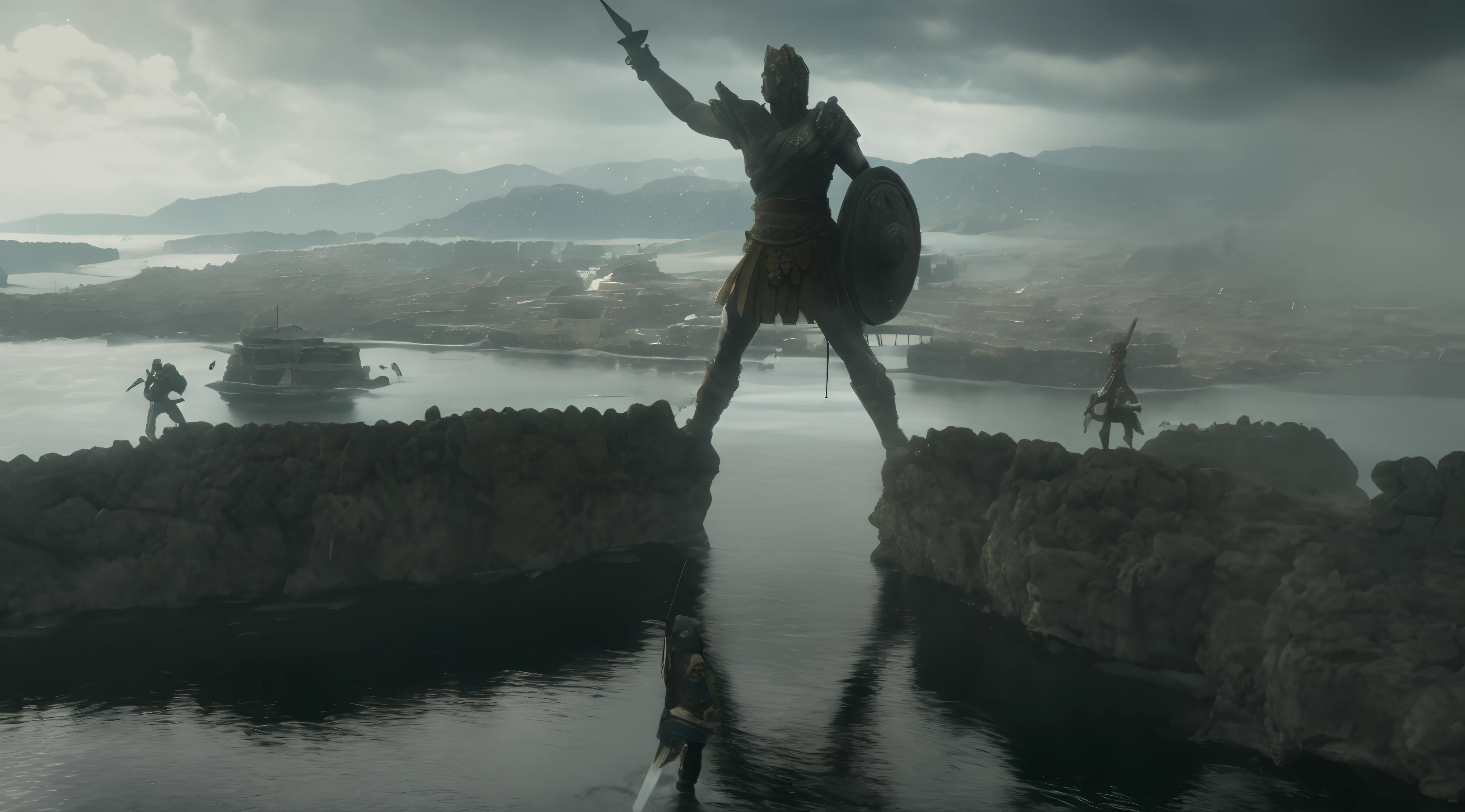 There is a statue of a man standing on a rock with a sword, filme ainda de god of war, Directed by: Roman Bezpalkiv, Directed by: Adam St. Peter's, ainda de um filme de fantasia, Grande Rei de Stovokor, Directed by: Artur Tarnowski, Directed by: Gustav Kelety, Efeitos visuais impressionantes, Directed by: Koloman Sokol