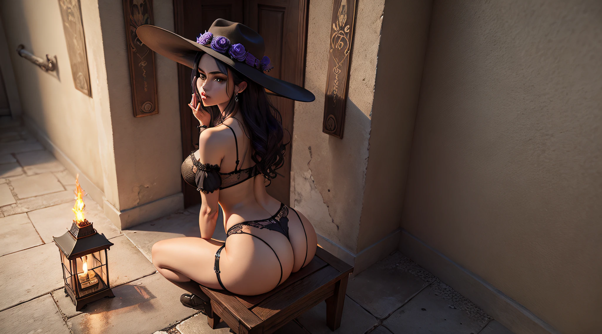 A gorgeous sorceress with dark eyes black purple hair posing on her back sitting on a grand queen's throne with one hand on her face and ass prancing, wearing old hat, lingerie preta bem curta e peitos a mostra, Landscape of an ancient kingdom hall with fire torches on the walls, Fire lighting everywhere, efeitos de profundidade, various details, um carpete roxo por baixo do trono, 3D realista
