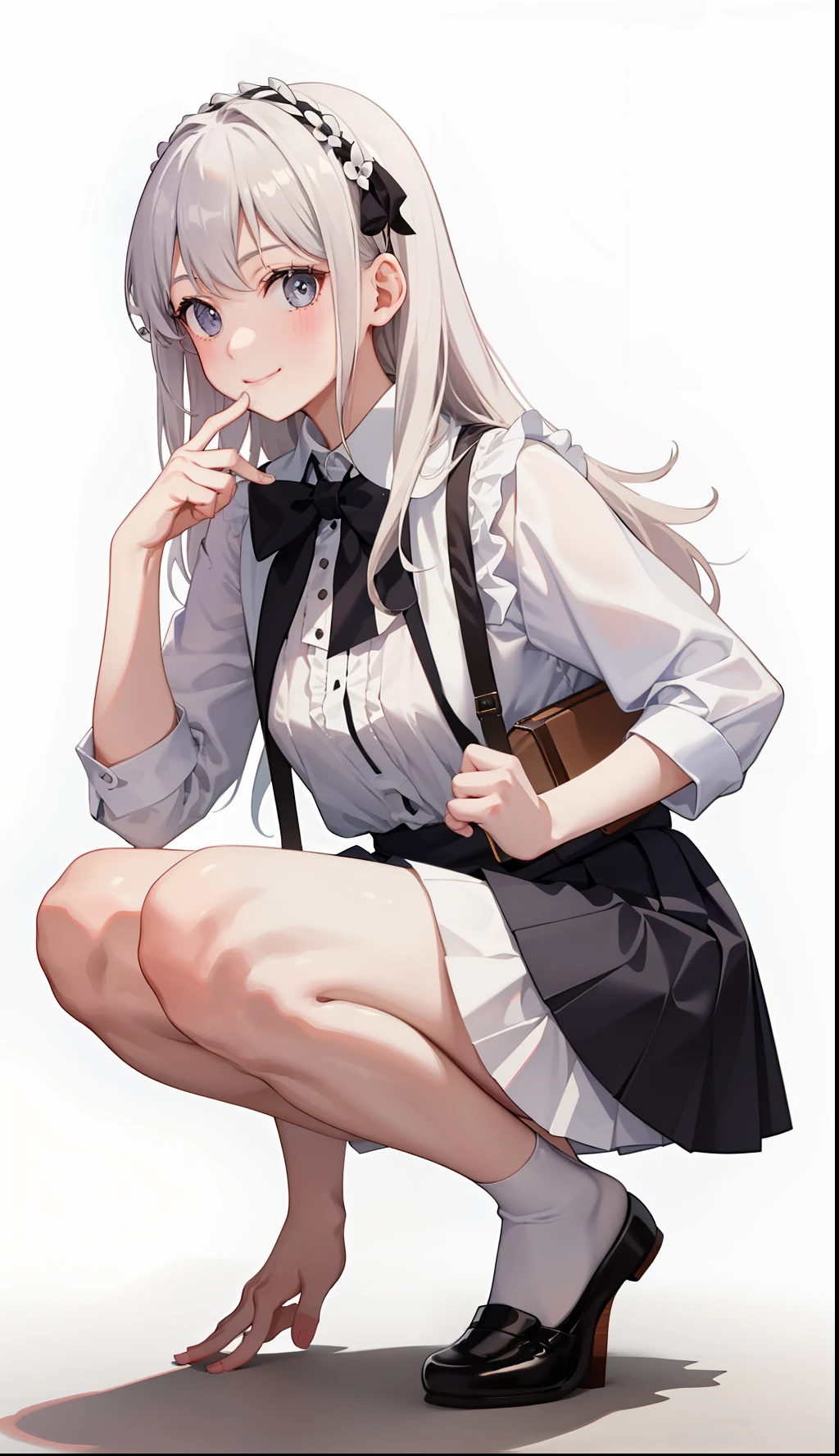 1girl in、A smile、A delightful! The shirt、pleatedskirt、White skirt、(small tits)Squatting panchira、