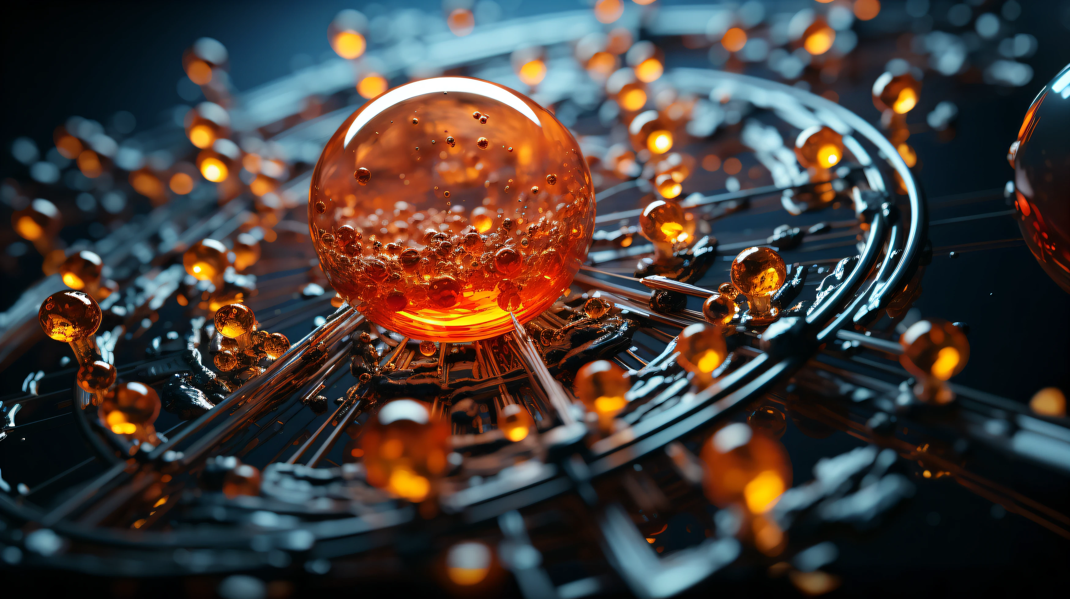 A close-up of a sphere with many small balls of liquid, A large sphere of red energy, Esferas de vidrio en un cubo rojo, energy spheres, Ilustraciones intrincadas. Renderizado de octanaje, Renderizado en Cinema4D, Renderizado en Cinema 4D, Efecto de lente Cyberpunk Pincushion, por Aleksander Gierymski, Vray Caustics, esfera de vidrio, Quantum particles