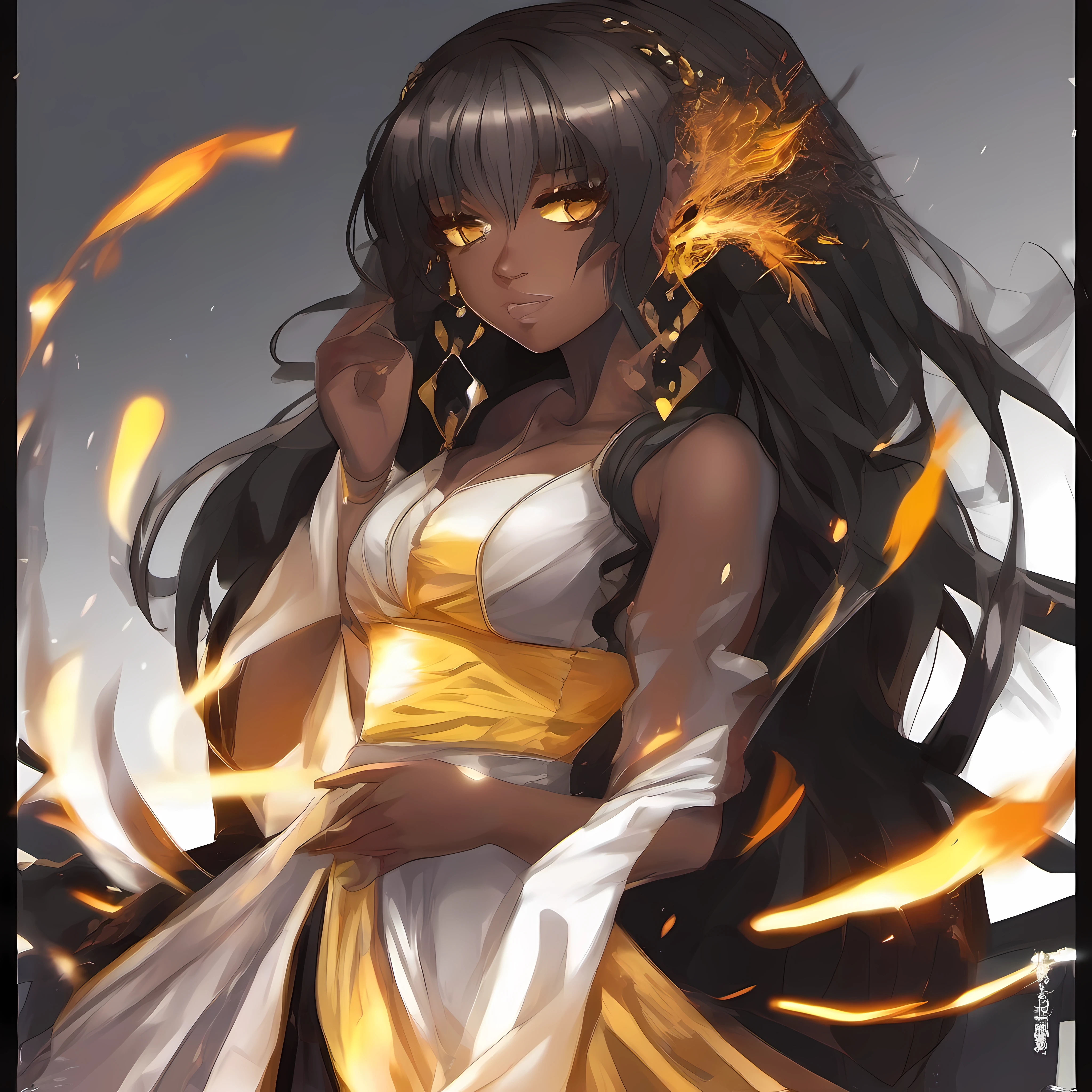 best quality, black skinned woman, long flaming hair, yellow eyes, black dress