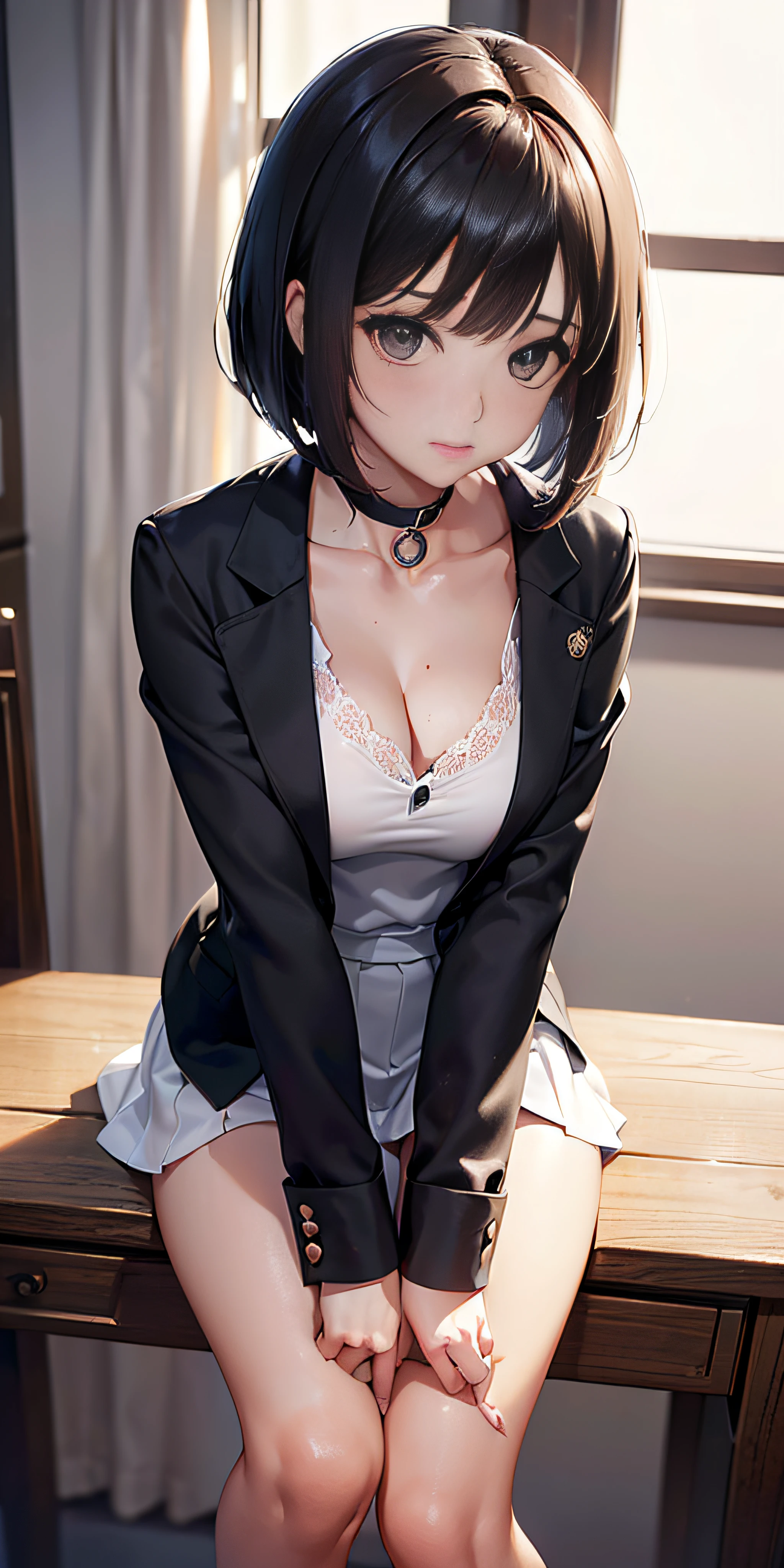 anime, estilo anime de mujer realista, (aegyo sal: 1), 18 years old girl, (blazer gris, cinta, calcetines, uniforme de escuela secundaria: 1.2), aula de secundaria, hermoso detalle en los ojos, luz en la cara, ((foto de cuerpo completo: 1.2)), luz especialmente fuerte, (ojos superiores, sonrisa sonriente: 1.2), piel brillante, (((cabello negro, cabello bob: 1.2))), (muslos gruesos), ulzzang-6500-v1.1: 0.2, bashful, (flash: 1.2), NSFW , (hinchado), ((postura seductora: 1.2, atractivo: 1.2)), (inactivo), (sentado en un escritorio en el aula: 1.2)), ((good anatomy: 1.2)), ((aula brillante y refrescante, fondo borroso: 1.2)), cara perfecta, cara linda y simetrica, (High Angle Shot: 1.2)s., Natural side lighting, ((8k, fotos RAW, calidad superior, obras maestras), High Definition RAW color photos professional close-up photos, (realista, fotorrealismo: 1.37), (highest quality), (mejores sombras), (mejores ilustraciones), Clavicles ((grandes)), ((erotic, sexy, ultra-high-resolution, 8K HD Unified CG Wallpapers, Physical representation, movie lighting), Canon EOS R50 camera 50mm lens