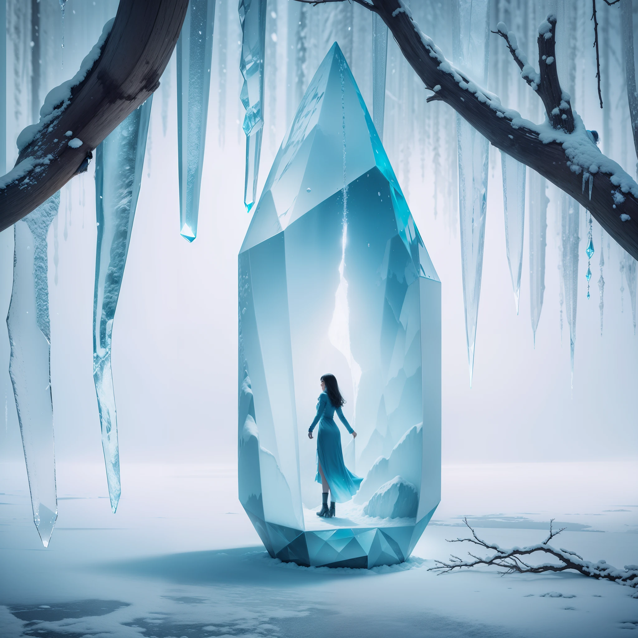 A woman inside a crystal, a crystal, under a waterfall descending on her, frozen, a world full of snow, dead trees