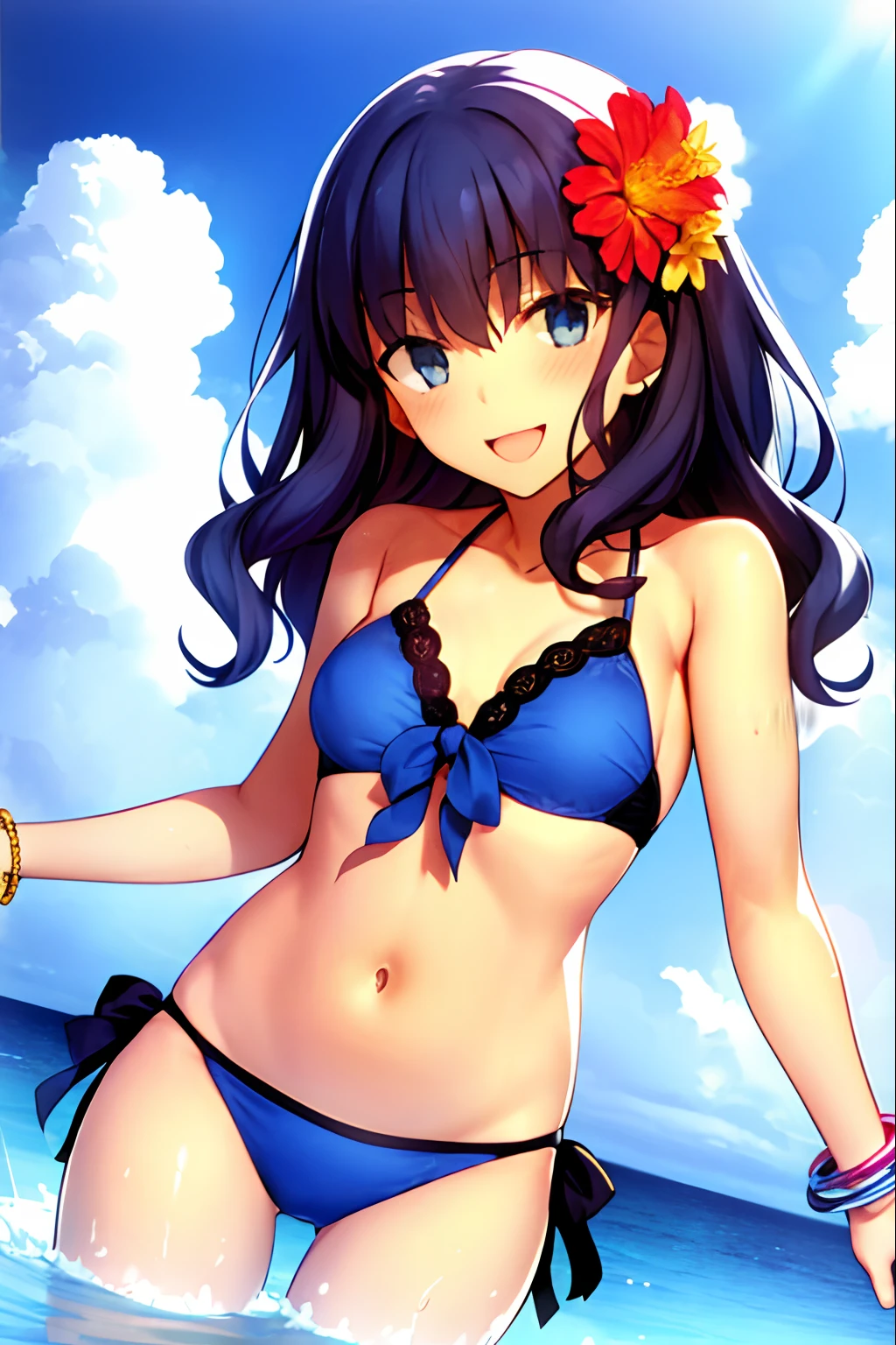 Takeuchi Takashi,

fate \(series\), 
1girl, bathing suit, Jewelry, bikinis, Smile, little chest, blusher, open mouth, skye, hetero, Cloud, Hair Flower, couple, flower, bellybutton, A bracelet, frills, looking a viewer, Day, exteriors, ocean,  1girl, Medium curly hair, Sloppy hair, navy blue hair, Two curly strands in front, Bangs, blue eyes

, ((tmasterpiece))