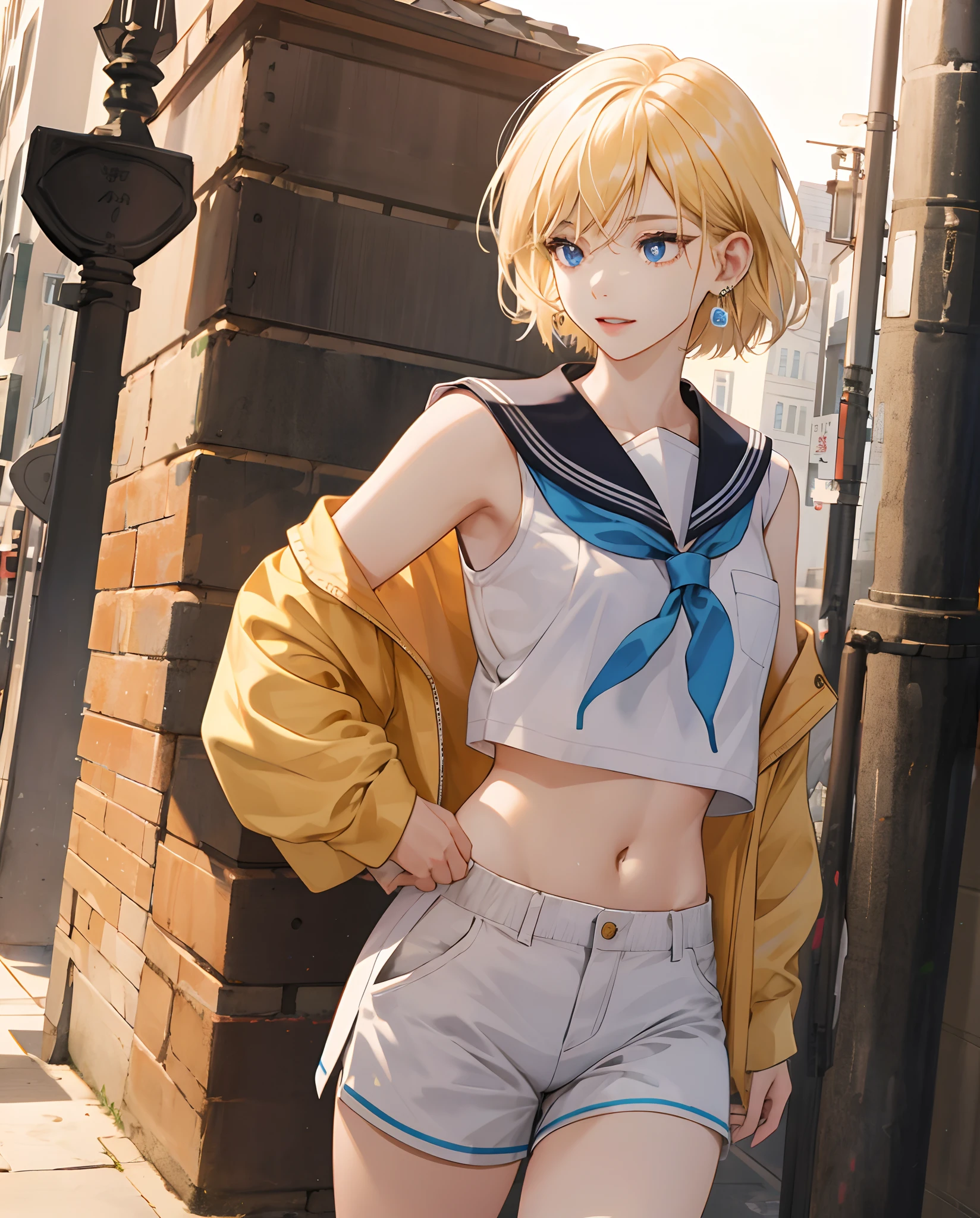 Oppein photo、top-quality, a sailor suit、Summer clothing、Ultra mini skirt、White shorts、beautiful thigh、Beautiful navel、Beautiful facial features、Beautiful camel toes、A high resolution, and18, 1girl in, Android 18, 独奏, blond hairbl, eBlue eyes, short detailed hair, 耳Nipple Ring, jewely, Medium chest, cow boy shot, street, (校服:1.2), cropped shoulders, Sunset,