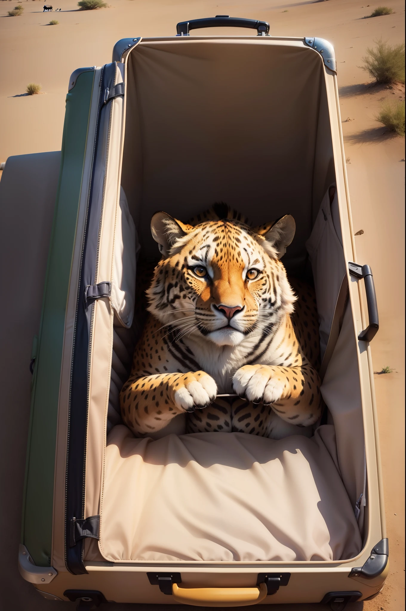 Suitcase with a picture of safari animals in africa on it. The background should be safari.