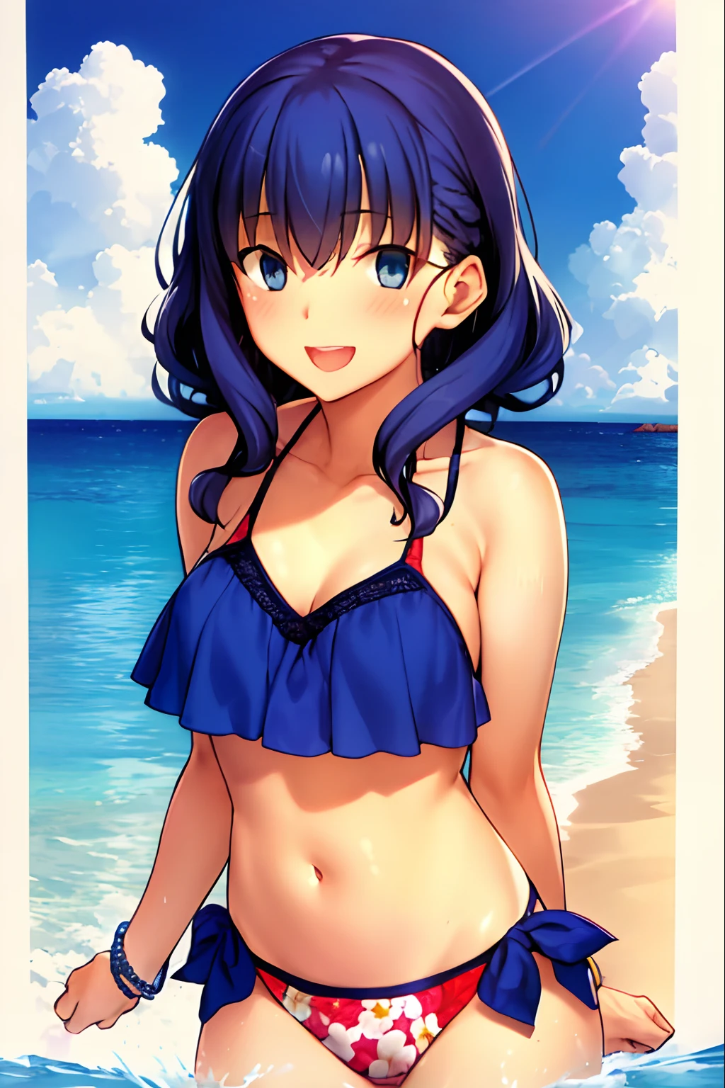 Takeuchi Takashi,
fate \(series\),
1girl, bathing suit, Jewelry, bikinis, Smile, little chest, blusher, open mouth, skye, hetero, Cloud, Hair Flower, couple, flower, bellybutton, A bracelet, frills, looking a viewer, Day, exteriors, ocean, 1girl, Medium curly hair, Sloppy hair, navy blue hair, Two curly strands in front, Bangs, blue eyes
, ((tmasterpiece))