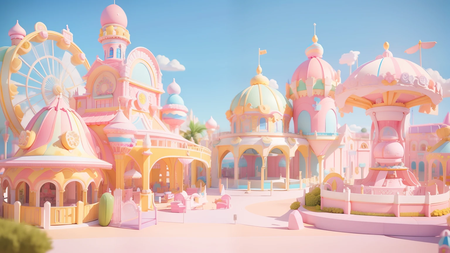 Pastel color,Clean background,Colorful theme park scene with castle and roller coaster and carousel,Dream Candy Garden Castle,Super detail, In Frey's style, cartoon scene,carefully designed,Desert waves,seaside scenes,soft render,Yellow and pink,Pop,C4D,overclocking,Blender --AR 3:4 --niji 5 -