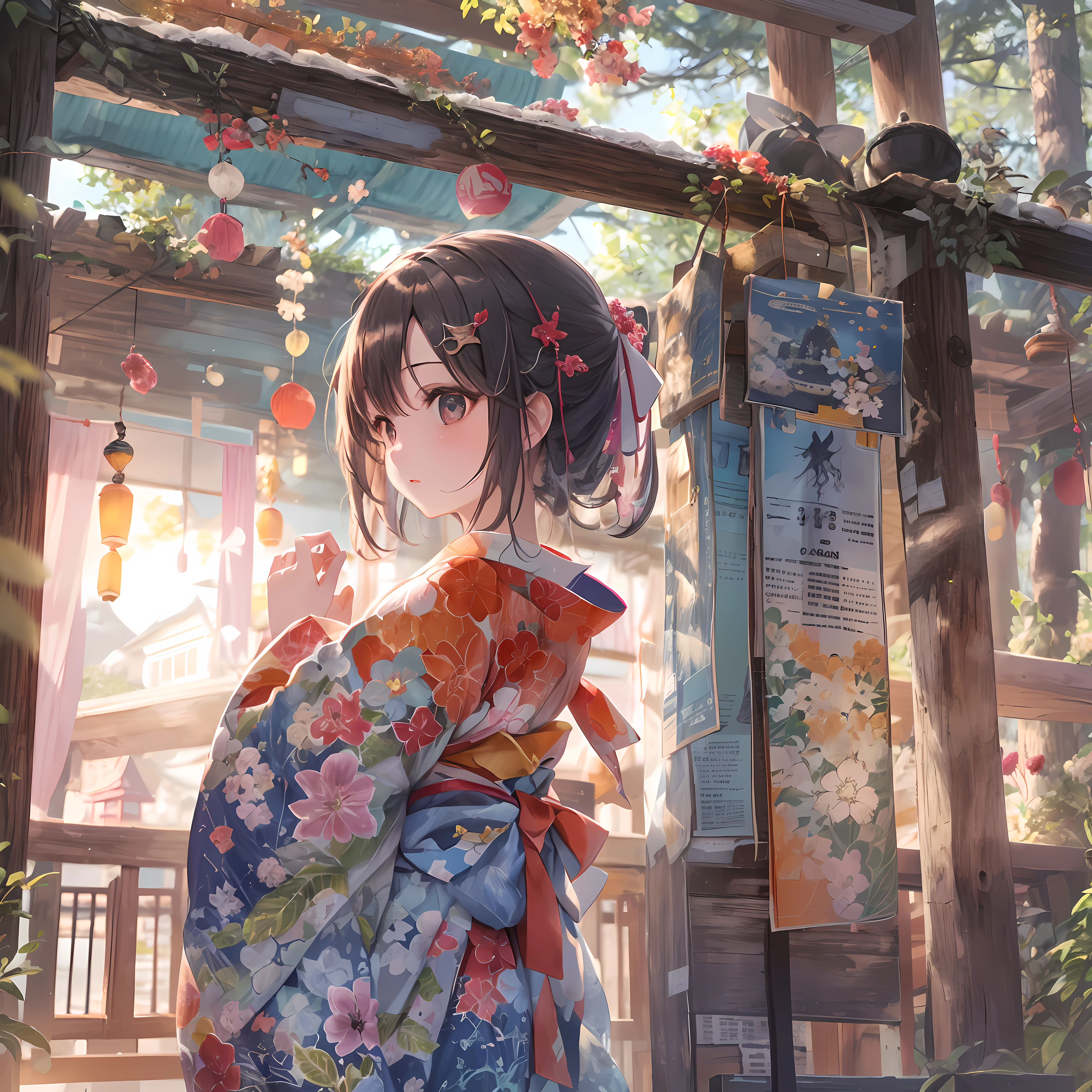 While the sunset casts gentle light on the shrine、A  girl in a yukata is standing。The yukata she wears is、Artistic pattern painted in high resolution、It has a detailed design。The fabric of the yukata that flutters in the breeze、Colorful and beautiful、Among them her figure stands out。The photo taken from the side is、Her graceful poses and shrine scenery harmonize、It leaves the impression of a wide work of art.、hight resolution、high-level image quality、8k、16k