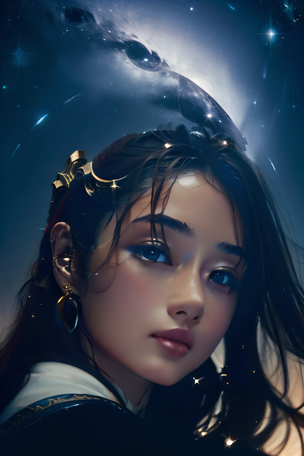 a woman with a crescent in her hair a night sky background with stars, swirls in the background, a crescent in the sky,a sky with stars and a full moon, depth of field , extremely detailed textures , ultra sharp details