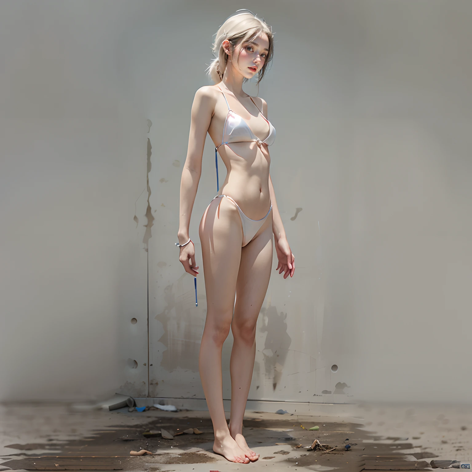 Abandoned barren mountains,The night is hazy,Sexy standing pose,(Full body portrait 1:1),Random white transparent small size swimsuit,Slender and slender figure,Skinny,As thin as a whipping post,Smaller bust,The barefoot,Random nudity throughout the body1.1,exhibitionists,Random exposure of genitals,face to the viewer