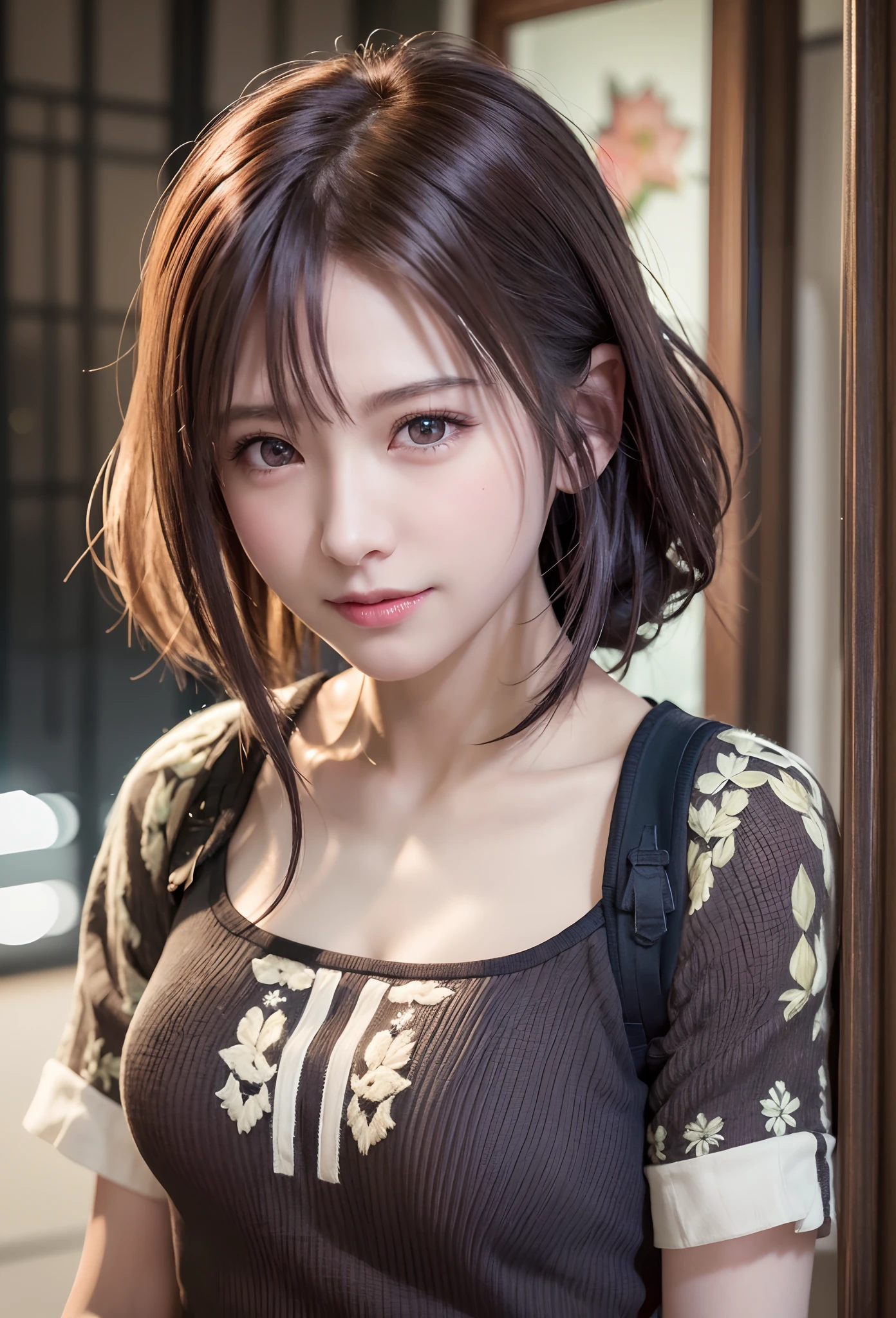 (in 8K、Photorealsitic、Raw photography、top-quality: 1.3)、(1girl in)、Beautiful eyes、Super beauty、(Real Face)、(boyish、Berry shorthair in natural color)、T-shirt with open chest、Entice your audience、Beautiful expression、Lover's perspective、（real looking skin）、beautiful smiling face、（soldier）、enticing、超A high resolution、A hyper-realistic、high-detail、hanikami