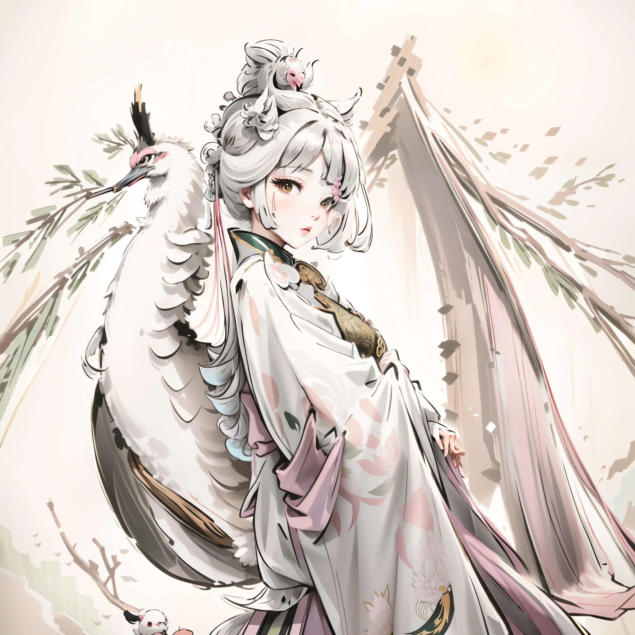 Ming Dynasty men wore white crane-patterned ministerial uniforms,The official lady wore her hair in a bun,Wear a baby pink vertical collar、White peach patterned coat,Wear an emerald green and white crane pattern horse face skirt underneath,Standing under a willow tree by the river。