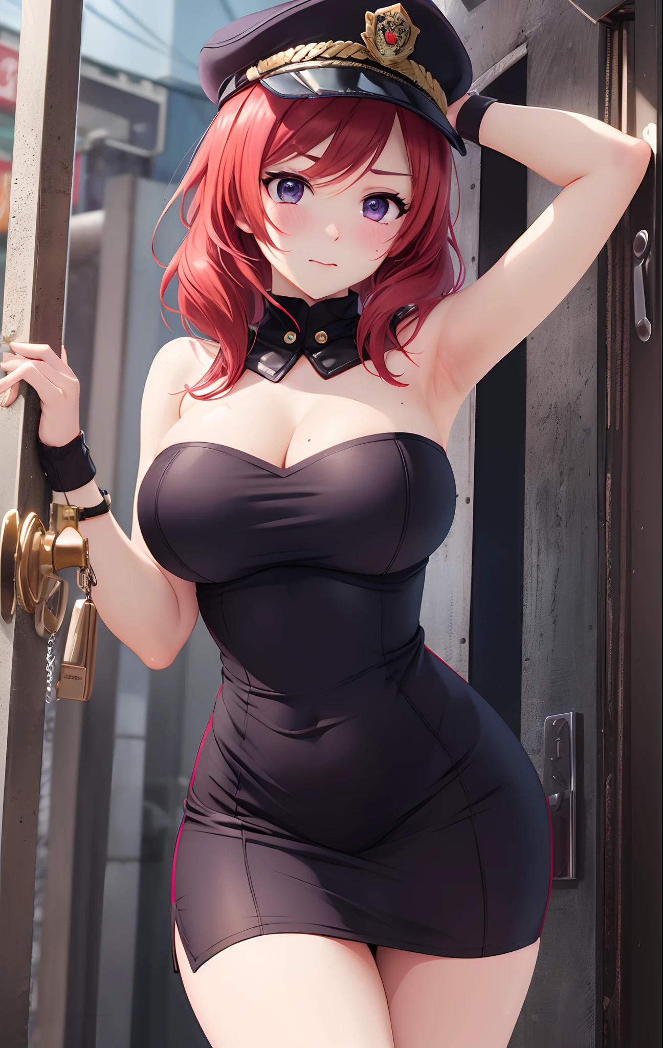 Nishikino maki, Purple eyes,red hair, curvy body, big breasts,((red sexy short bodycon dress)), strapless , sleeveless, cleavage,bare shoulders, wrist band, police cap, holding Halberd, sweaty, blushing, standing, looking at viewer, prison,llchar, embarrassed,high kick,(leg up:1.2), panties