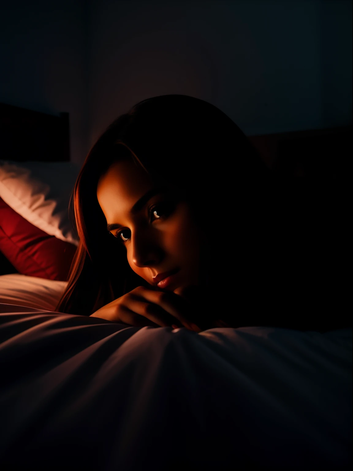 A woman in a very dark bed room