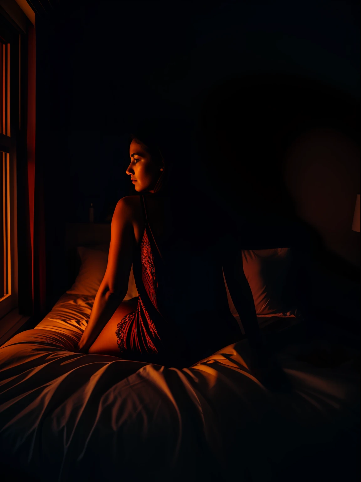 A woman in a very dark bed room