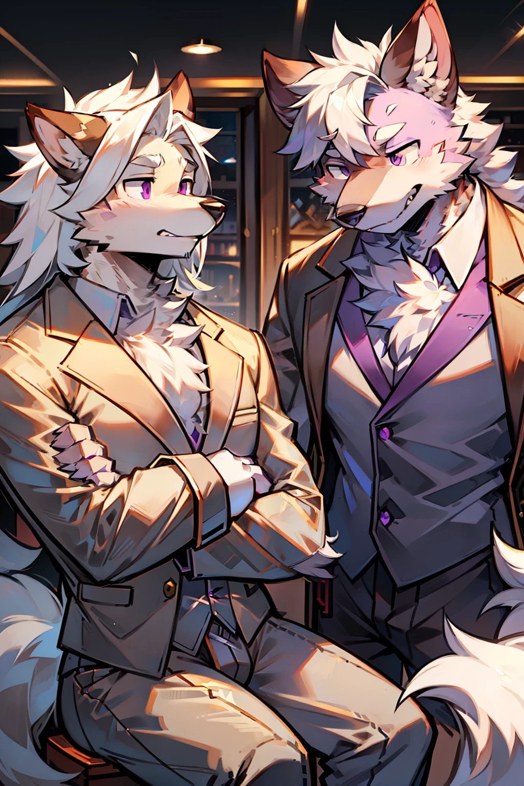 solo person,shaggy male,hairy bodies,shoun,coyote,canid,grey fur,Long white hair,The ends of the hair are purple,Purple eye,Bind your hands,Bullied,adolable,Handsome,large tail,full bodyesbian,Business suit,in company,Pushed down on a chair by subordinates,puss