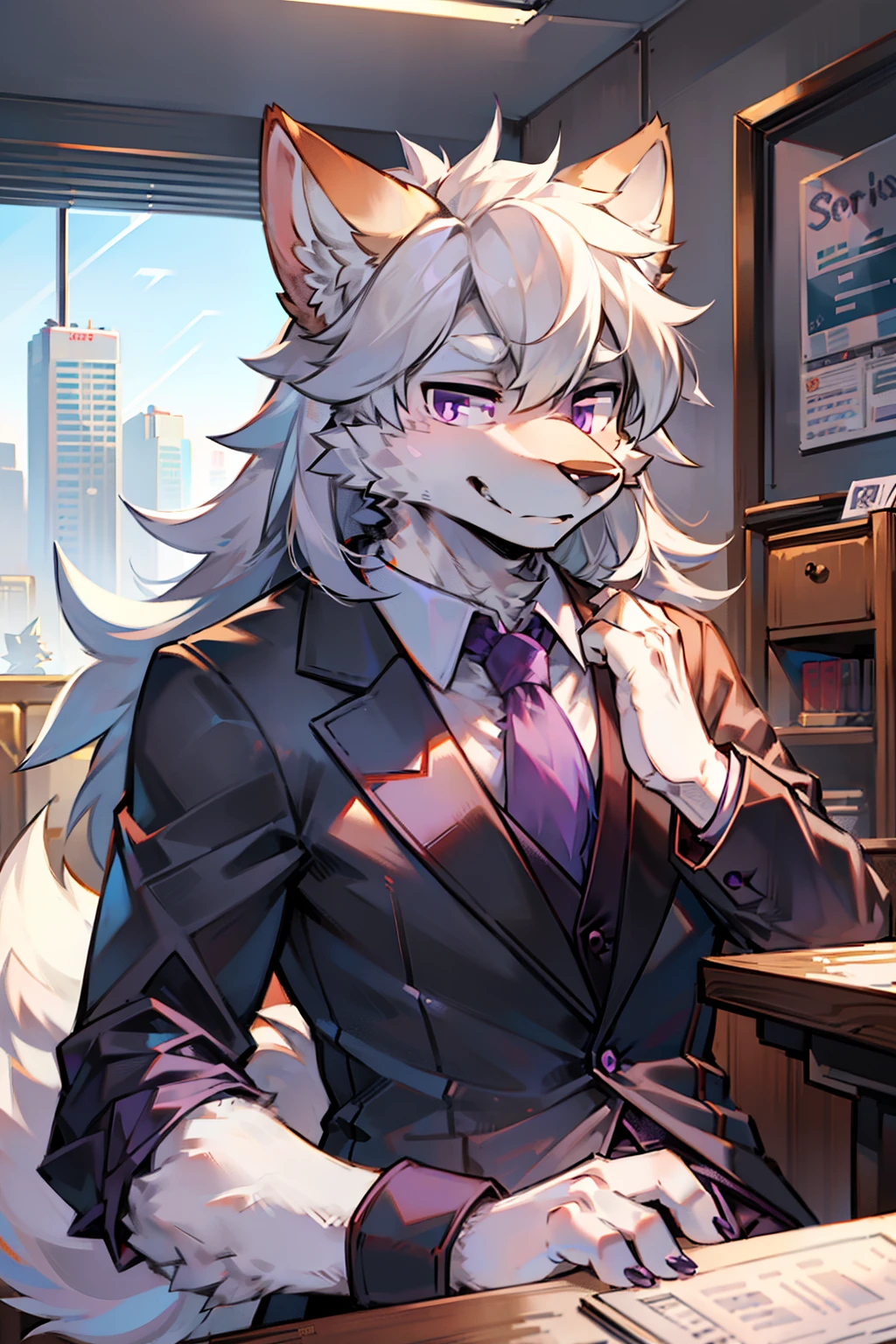 solo person,shaggy male,hairy bodies,shoun,coyote,canid,grey fur,Long white hair,The ends of the hair are purple,Purple eye,Bind your hands,Bullied,adolable,Handsome,large tail,full bodyesbian,Business suit,in company,Pushed down on a chair by subordinates,puss