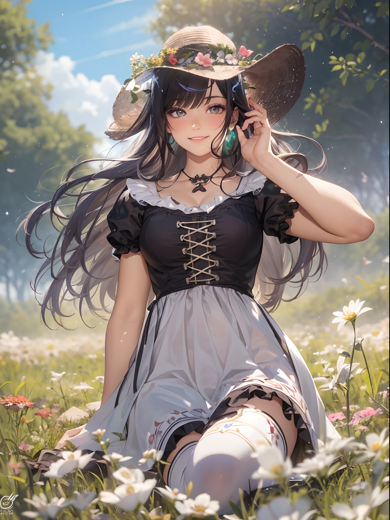 (masterpiece), (realistic), (best quality), (ultra-detailed), amazing, girl, 18 years old, full body, black hair, long hair, blunt bangs, straight hair, big breasts, slender weist, smile beautiful eyes, brown eyes, jewel in the sparkle galaxy, 1 girl , ((high detailed face)) , feminine, slightly muscular, blushing, smirking expression, collarbone, sitting down, crossed legs, wide field of view, cowboy shot, (masterpiece), highres , (ultra detailed), accurate anatomy ,smooth, 8K, raytracing, vibrant colours, flower meadow background, dirndl, traditional bavarian dress, wearing a dirndl