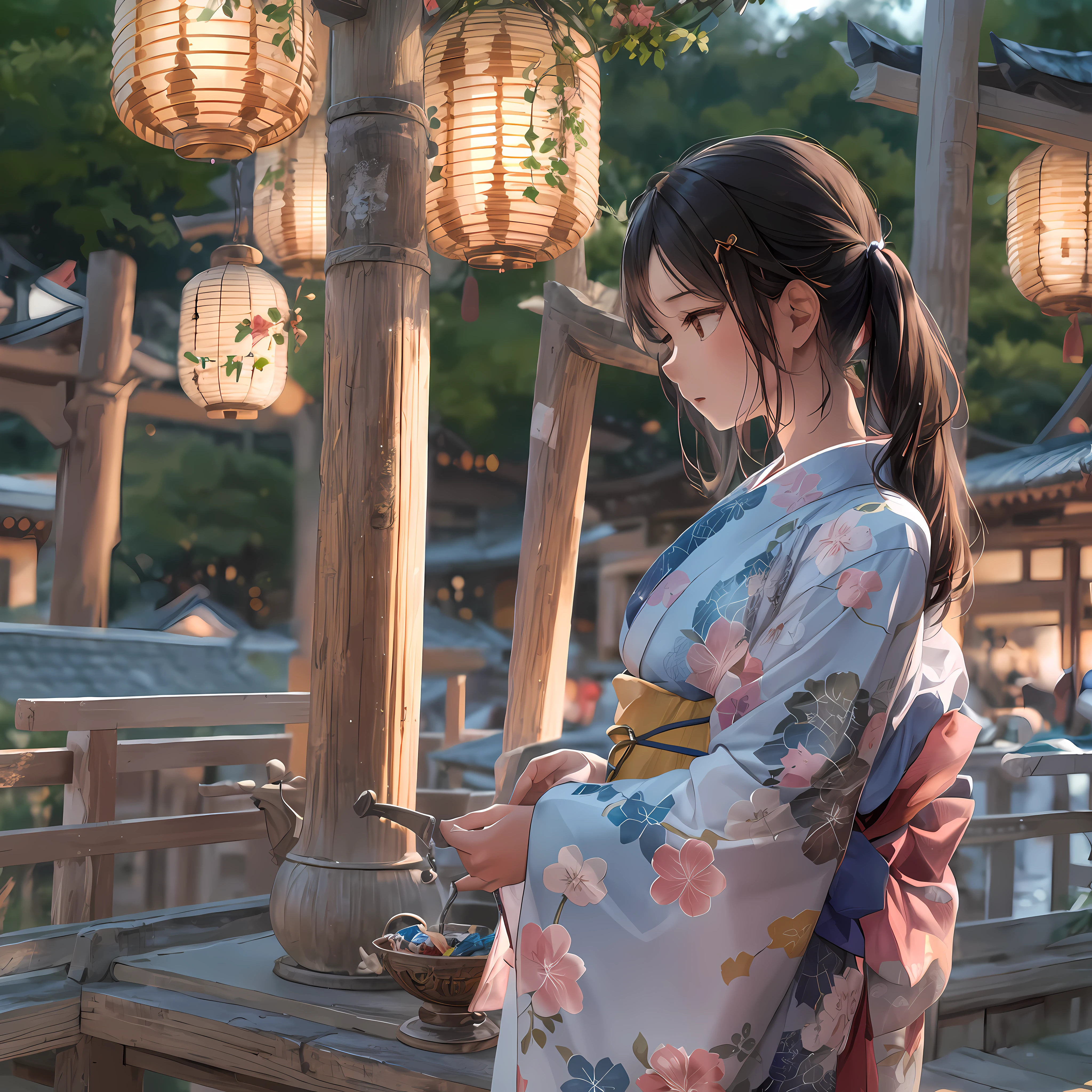 While the sunset casts gentle light on the shrine、A girl in a yukata is standing。The yukata she wears is、Artistic pattern painted in high resolution、It has a detailed design。The fabric of the yukata that flutters in the breeze、Colorful and beautiful、Among them her figure stands out。The photo taken from the side is、Her graceful poses and shrine scenery harmonize、It leaves the impression of a wide work of art.、hight resolution、high-level image quality、8k、16k