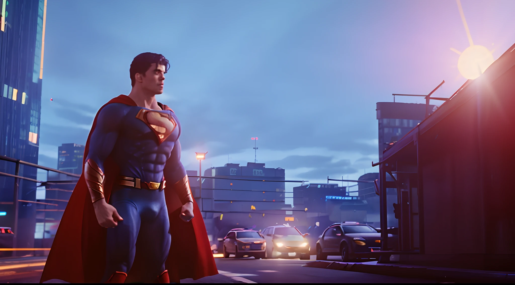 SUPERMAN in a futuristic city with neon lights, skyscraper, 8k, lens flares, unreal engine 5 render, ue5, tight fist