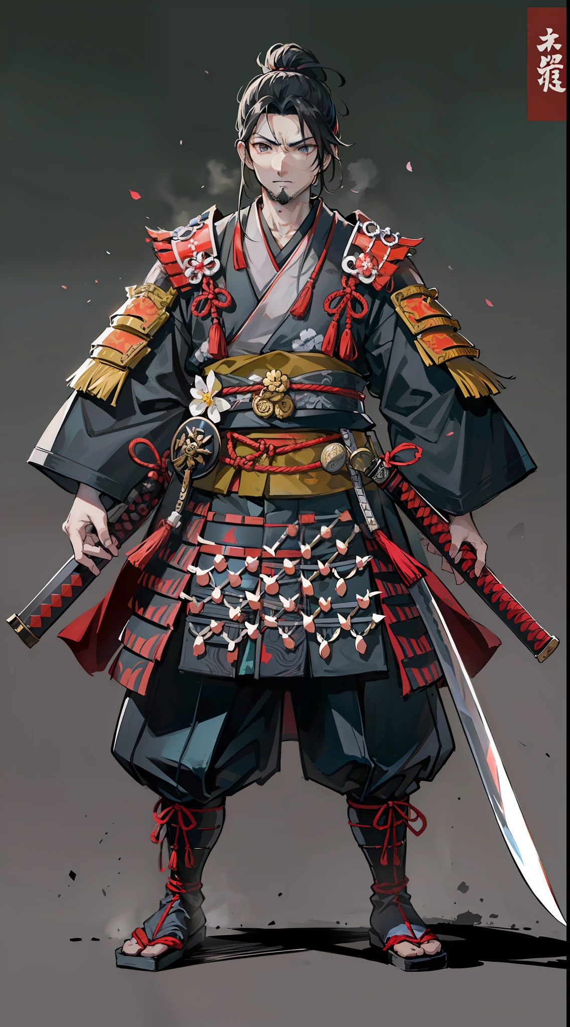 Character Features:

Appearance: A "Samurai" from Japan during the Warring States period, a male in his 30s with a masculine and warrior-like appearance. He carries a katana at his side and is ready to fight in battle.

Attire: He is dressed in traditional Samurai clothing, with his hair tied back in a black color.

Personality and Traits: Like a formidable warlord of the Warring States period, he is full of fighting spirit and aggressiveness, ready to engage in battle at any moment.

Image Specifications:

The background should be a simple solid color to make the character stand out.
Note:

This character will be used for a product package targeting foreign visitors to Japan. It is essential to incorporate traditional Japanese elements.