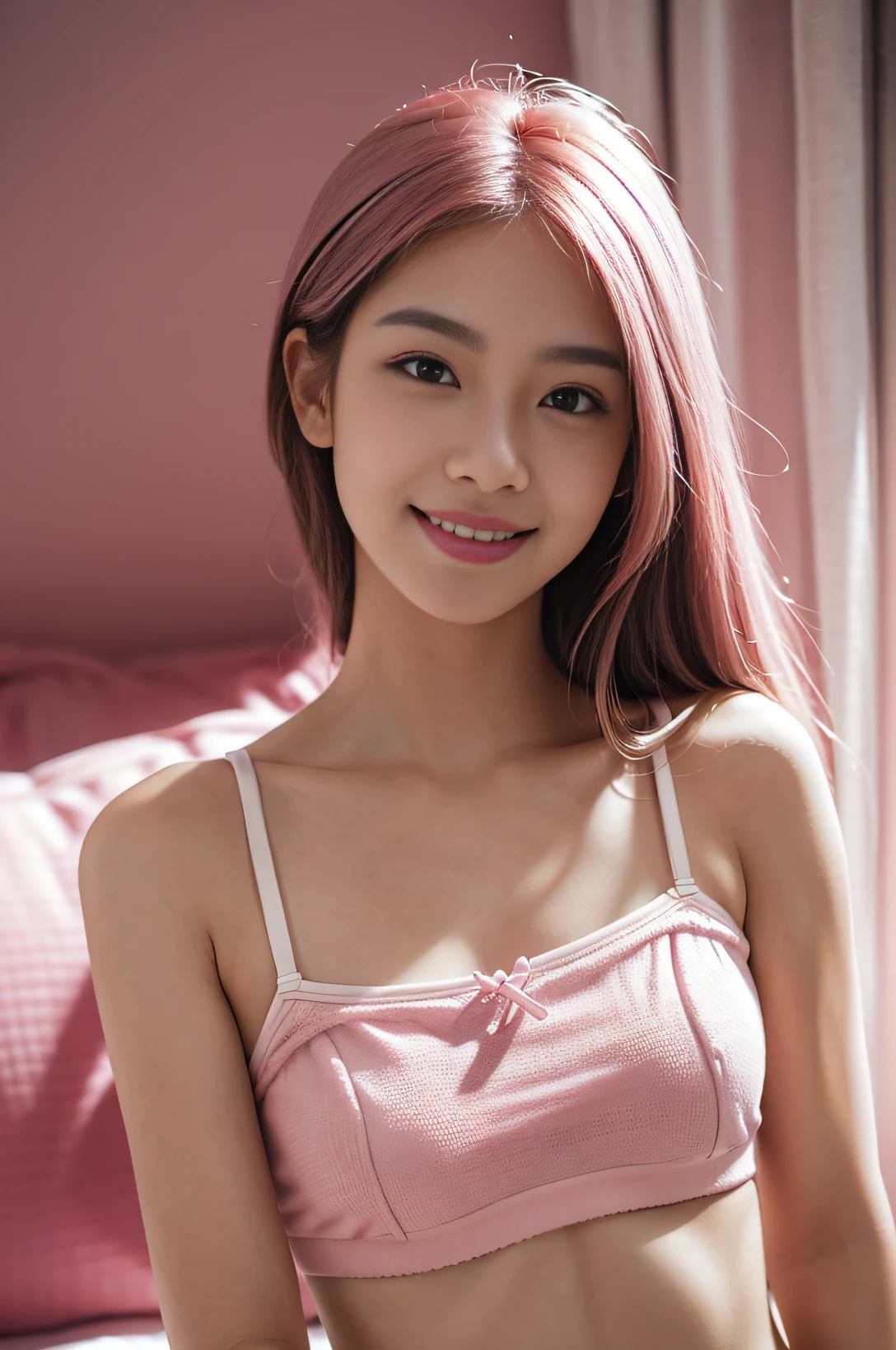 (best quality, complex details: 1.2) ,1 girl, solo, looking at the audience, (pink underwear), long hair, lips parted, realistic, bedroom,smile,Medium size,（white skin），shy,white body，ponytai,