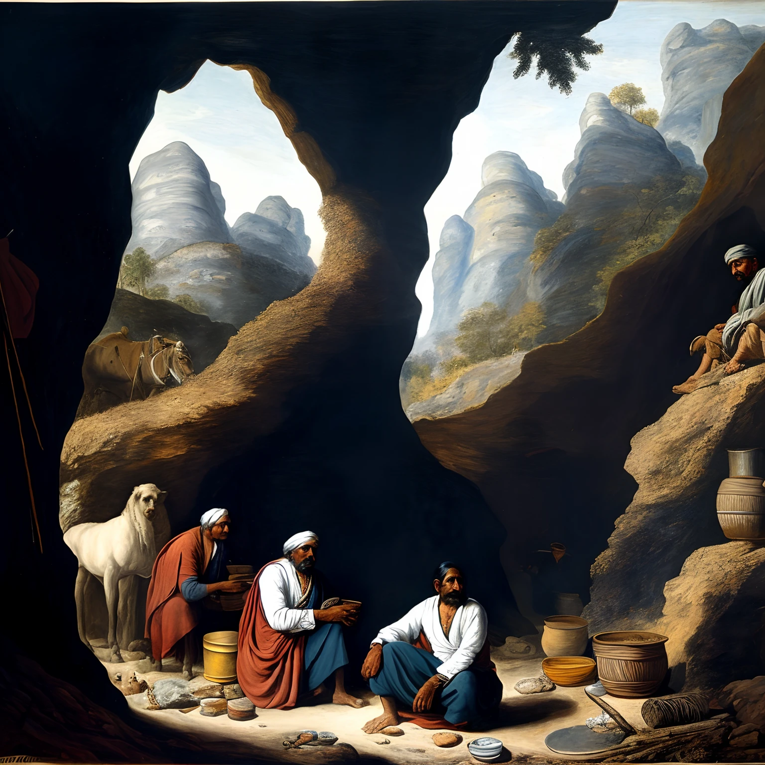 a black and white painting of a chieftain sitting in a cave surrounded by other Indians
