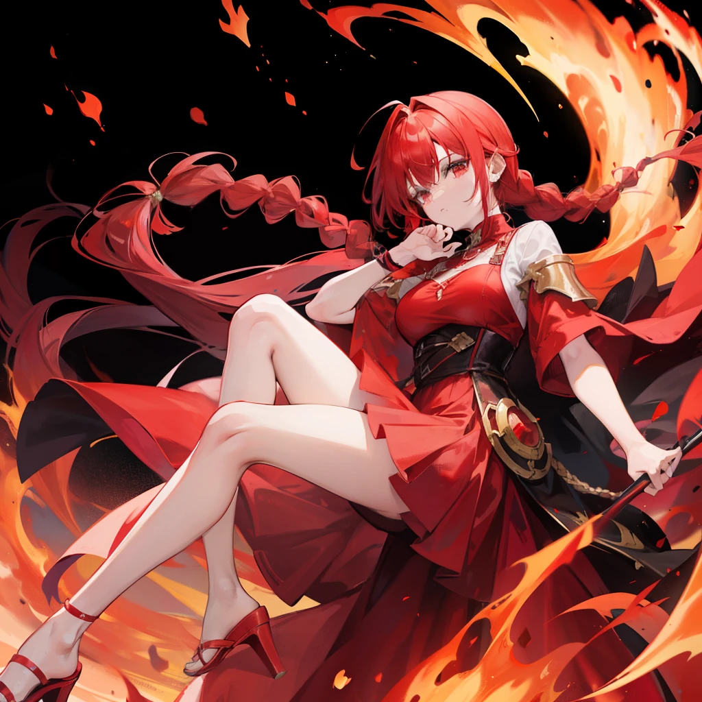 Against the background of the fire element，Big red hair，With a long braid，Wear a magical red checkered dress，The legs are worn with knee-length black silk