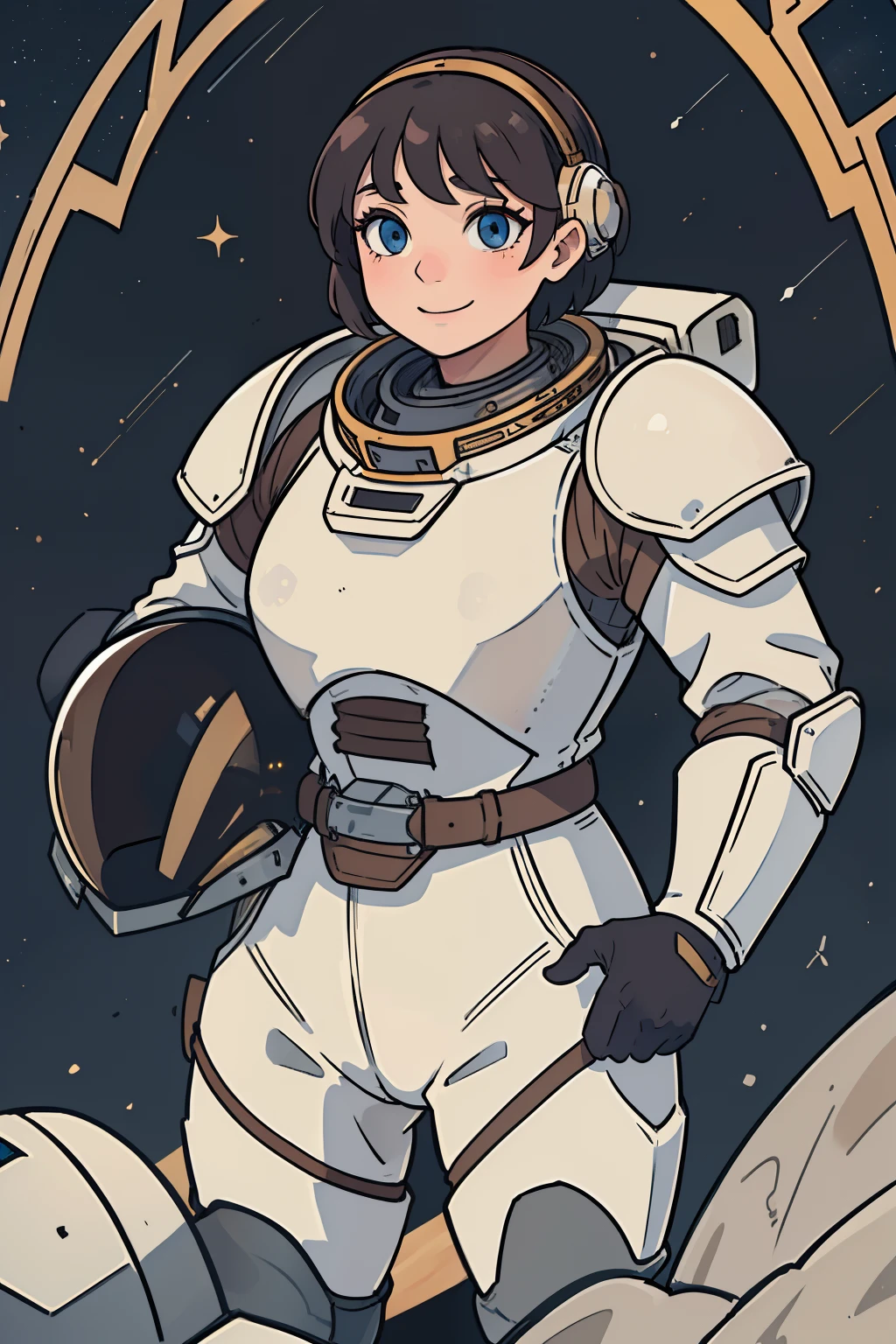 professional artwork, detailed eyes, beautiful eyes, beautiful face, flawless face, gorgeous face, smooth features, blush, short hair, unhelmeted head, beautifully detailed background, woman in armored space suit holding space helmet in her hands, space suit looks like knight armor, space suit, thick heavy space suit, space suit backpack, nasa, nasa punk, nasapunk, astronaut, cosmonaut, medieval knight, knight armor, leather armor and metal armor, mechanical background, sci fi, fantasy armor, full plate armor, medieval armor, knight helmet, knight visor, grilled faceplate, large helmet, heavy collar, rustic material, heavy stitching, thick leathers, metal breastplate armored breastplate, armored chest, leather gloves, rustic craftsmanship, adventurous, cute, smiling