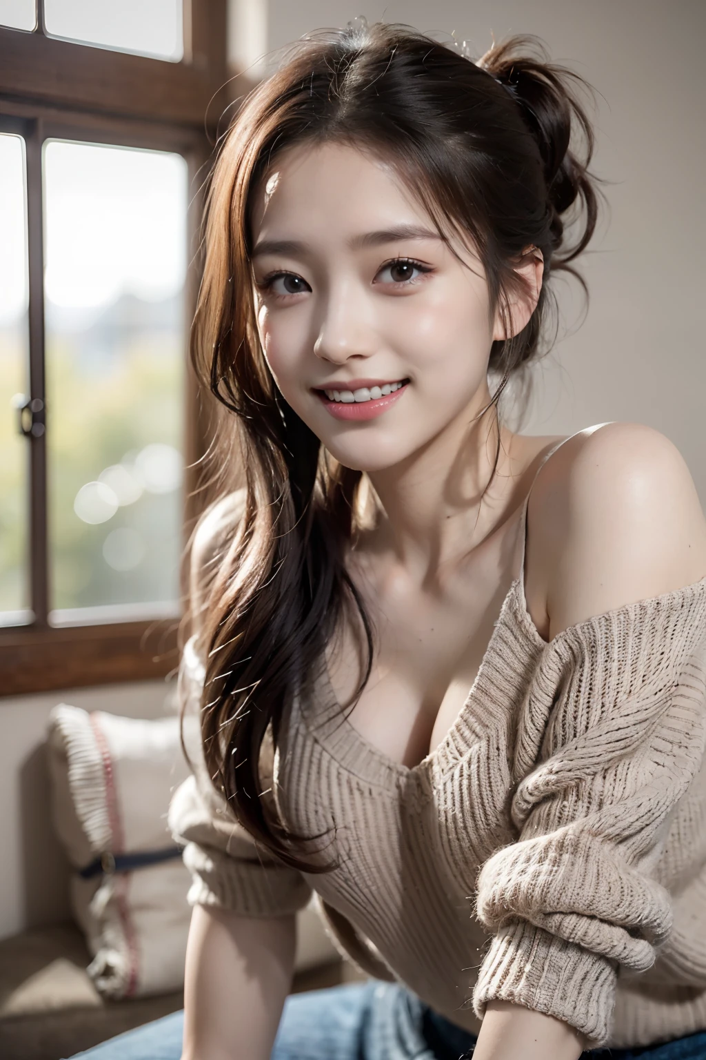 UHD, masterpiece, high quality, high details, best quality, highres, HD, 16k, 8k, 4K, award winning, BREAk, Surrealism, Realism, depth of field, cinematic lighting, backlighting, symmetry, bokeh, f/1.8, Eye-Level Shot, 35mm, Hasselblad, an extremely delicate and beautiful, extremely detailed, Amazing, finely detail, masterpiece, best quality, official art, absurdres, incredibly absurdres, huge filesize, ultra-detailed, highres, extremely detailed, beautiful detailed girl, (cowboy shot:1.25), BREAK, hair behind ear, happy tears, streaming tears, (seductive grin smile:1.35), extremely detailed eyes and face, beautiful detailed eyes, light on face, 18 years old, (black tight turtle-sweater:1.3), (damaged denim short skirt:1.3), detailed clothes, (black wavy pony-tail hair style:1.2), detailed hair, (slender:1.15), (huge-breasted:1.25), (narrow waist:1.15), perfect anatomy, perfect proportion, (her private streaming room background:1.25), detailed background, (looking the viewer, facing the viewer:1.15), (seductive model pose, spread legs, leaning forward, hands between legs, from below, low angle:1.25),