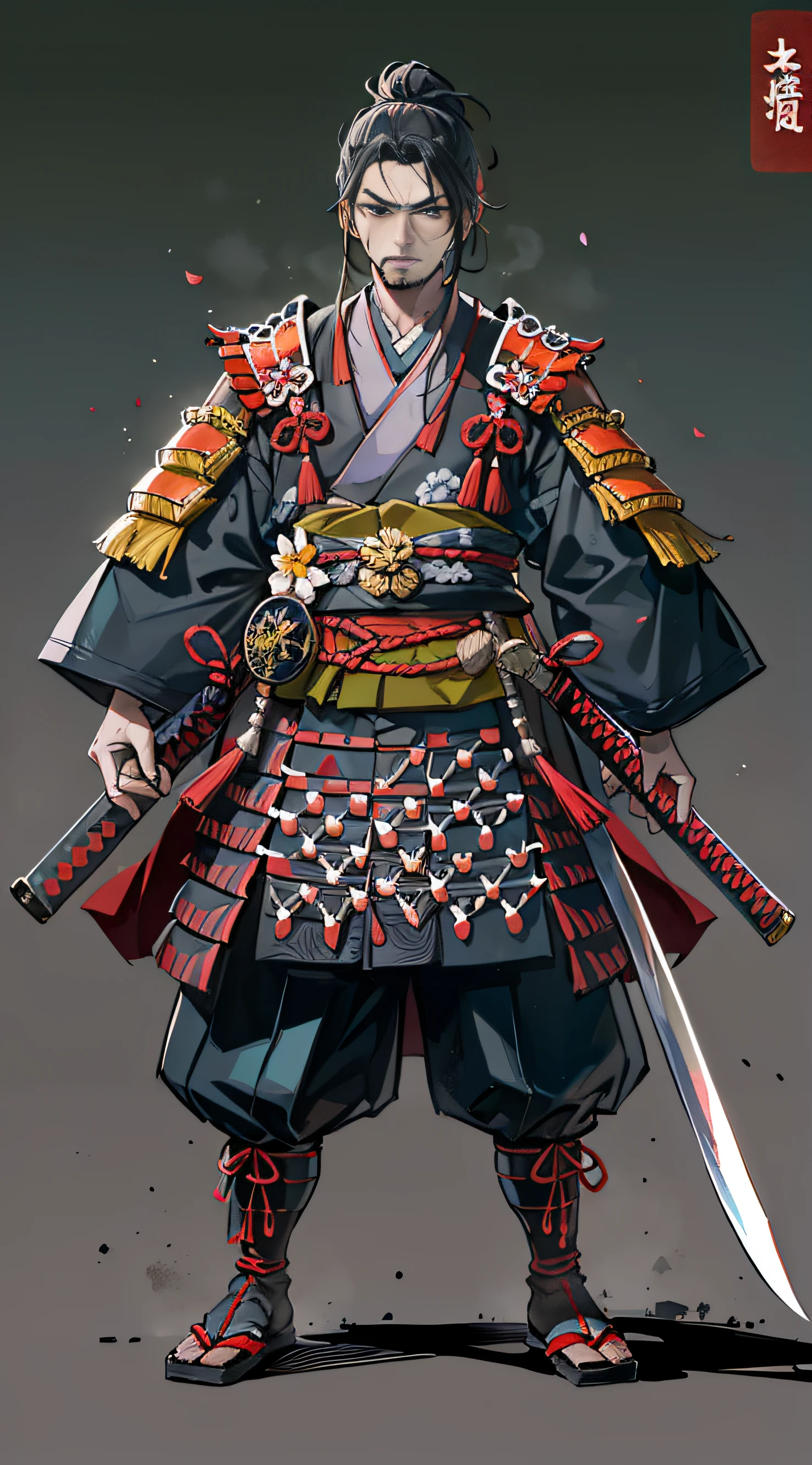 Character Features:

Appearance: A "Samurai" from Japan during the Warring States period, a male in his 30s with a masculine and warrior-like appearance. He carries a katana at his side and is ready to fight in battle.

Attire: He is dressed in traditional Samurai clothing, with his hair tied back in a black color.

Personality and Traits: Like a formidable warlord of the Warring States period, he is full of fighting spirit and aggressiveness, ready to engage in battle at any moment.

Image Specifications:

The background should be a simple solid color to make the character stand out.
Note:

This character will be used for a product package targeting foreign visitors to Japan. It is essential to incorporate traditional Japanese elements.