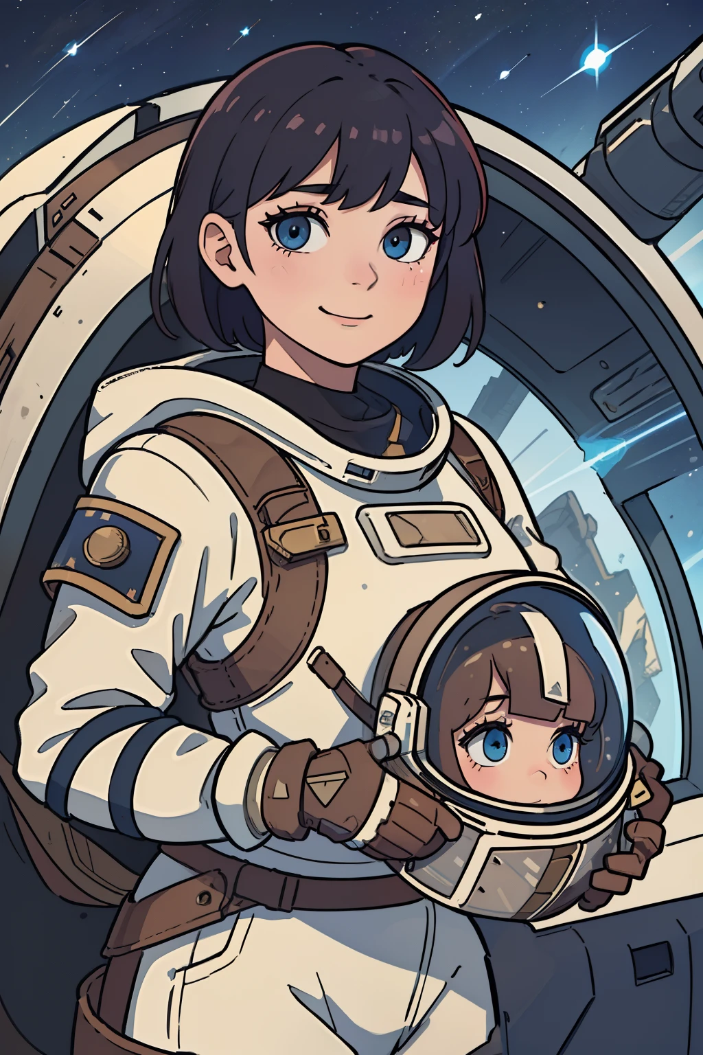 professional artwork, detailed eyes, beautiful eyes, beautiful face, flawless face, gorgeous face, smooth features, blush, short hair, unhelmeted head, beautifully detailed background, woman in armored space suit holding space helmet in her hands, space suit looks like knight armor, space suit, thick heavy space suit, space suit backpack, large backpack, nasa, nasa punk, nasapunk, astronaut, cosmonaut, medieval knight, knight armor, leather armor and metal armor, mechanical background, sci fi, fantasy armor, full plate armor, medieval armor, knight helmet, knight visor, grilled faceplate, heavy collar, rustic material, heavy stitching, thick leathers, metal breastplate armored breastplate, armored chest, leather gloves, rustic craftsmanship, adventurous, cute, smiling