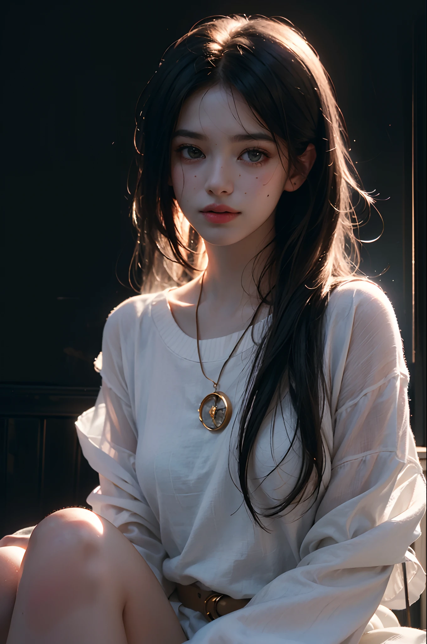 ((You may be one person to the world but you may also be the world to one person, paradox, Adrian Ghenie, jenny saville, edward hopper, dark art by James Jean, Takato Yamamoto)),(RAW photo, best quality), ((Nostalgia,1980s syle)),(A girl with a literary atmosphere:1.2),(realistic, photo-realistic:1.3), extremely delicate and beautiful, Amazing, finely detail, masterpiece, ultra-detailed, highres,best illustration, best shadow,intricate,depth of field,1girl,(long legs:1.4),long hair,messy hair,((((low key,dark scene,dimly lit)))),fat,(((soft lighting:1.4))),(pale skin:1.4),(shy smile),(cinematic angle),sharp focus, volumetric fog, 8k UHD, DSLR, high quality,( film grain:1.4), Fujifilm XT3,(looking at viewer)